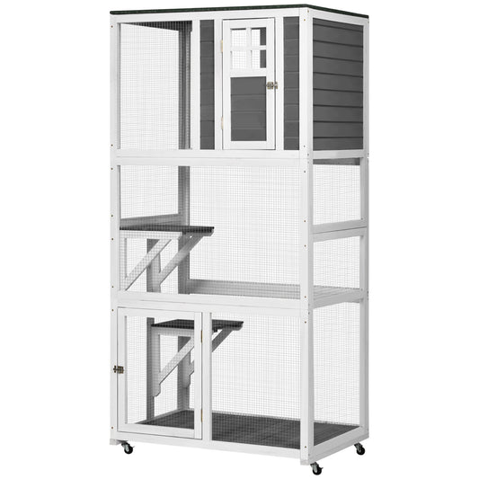 PawHut 74" Wooden Catio Outdoor Cat House Weatherproof & Wheeled, Outside Cat Enclosure with High Weight Capacity, Kitten Cage Condo, Dark Gray