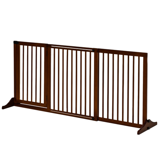 PawHut Adjustable Wooden Pet Gate, Freestanding Dog Fence for Doorway, Hall, 3 Panels w/ Safety Barrier, Lockable Door, Brown, 44.5"-65.25" L x 14.25" H