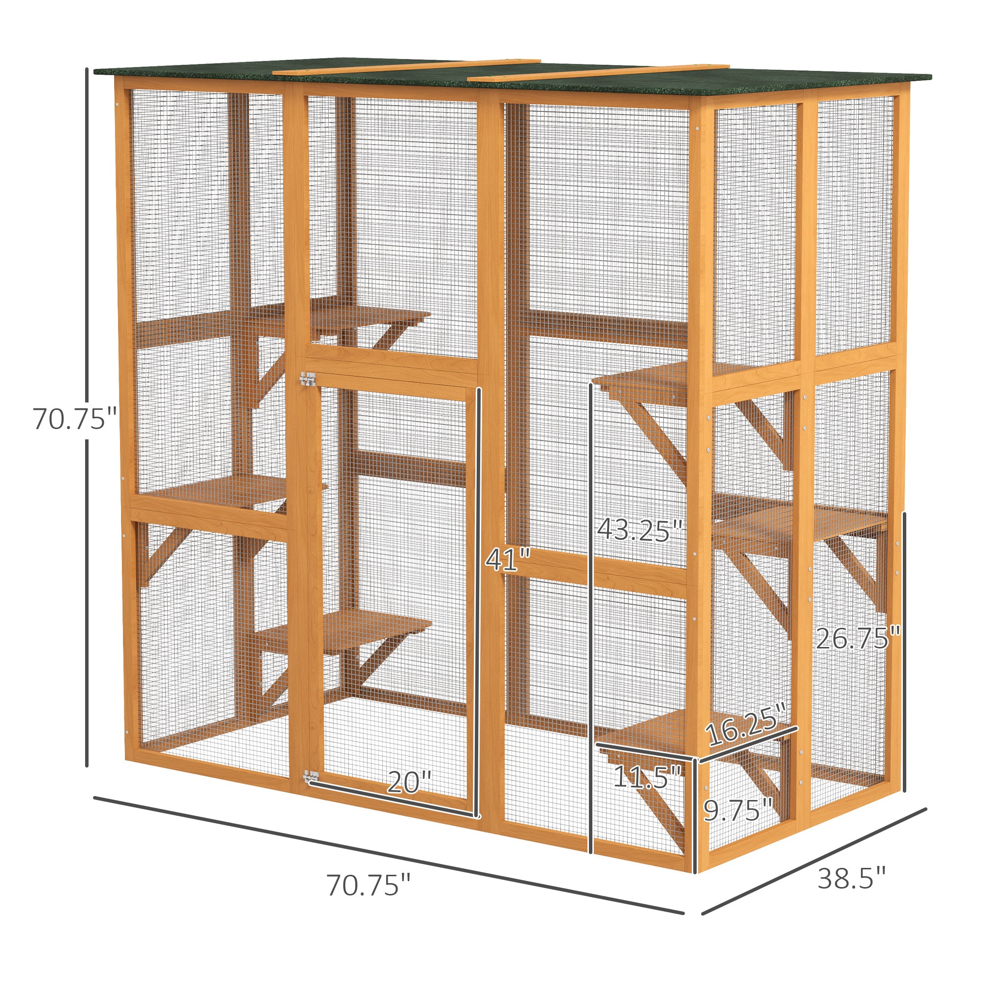 PawHut Outdoor Cat House Big Catio Wooden Feral Cat Shelter Enclosure with Large Spacious Interior, 6 High Ledges, Weather Protection Asphalt Roof, 71" L, Orange