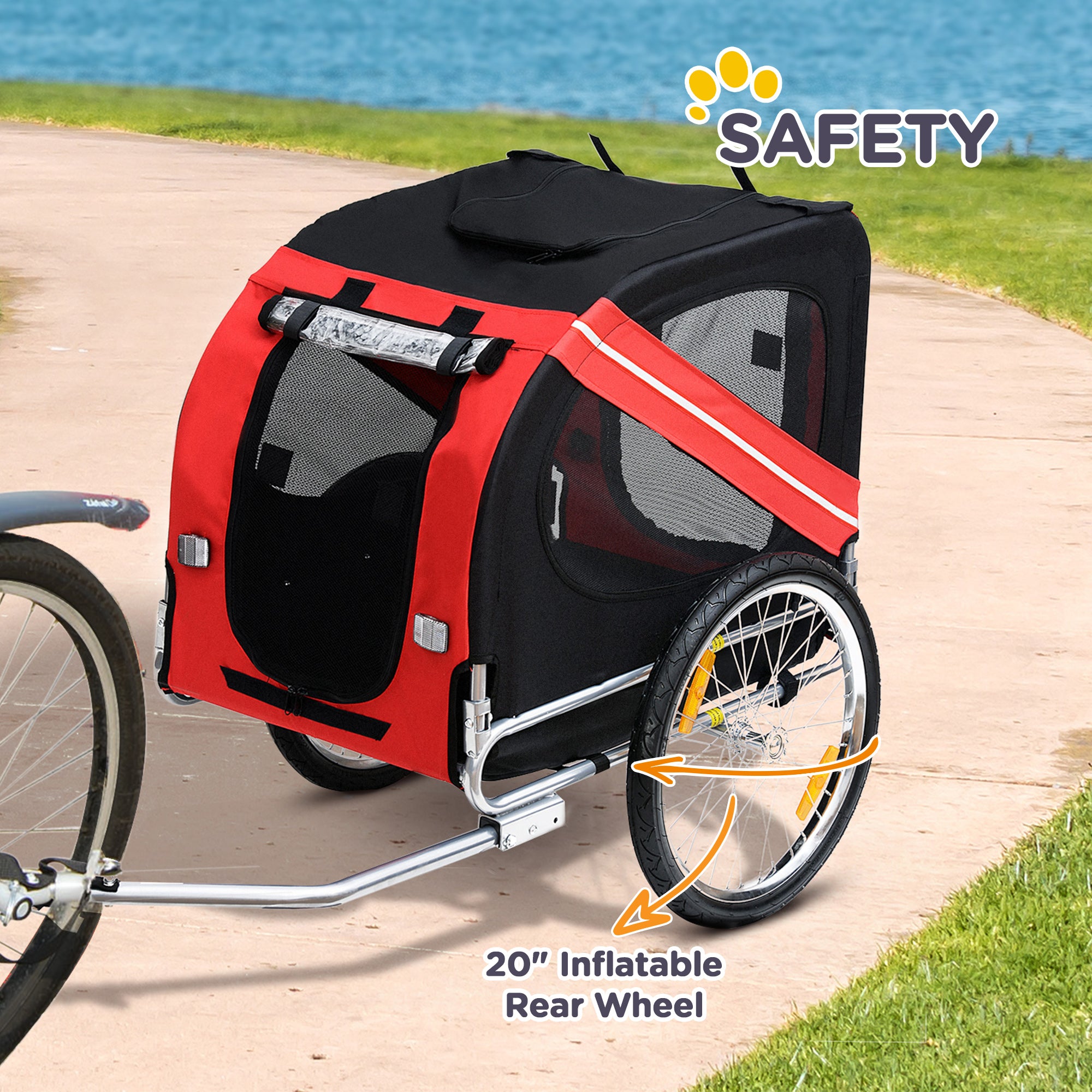 Aosom Dog Bike Trailer, Pet Wagon Bicycle Trailer with Easy Folding Cart Frame, 20" Large Rubber Wheels, 3 Entrances, Mesh Screen, Pet Bike Trailer for Off-Road & Travel, Red and Black