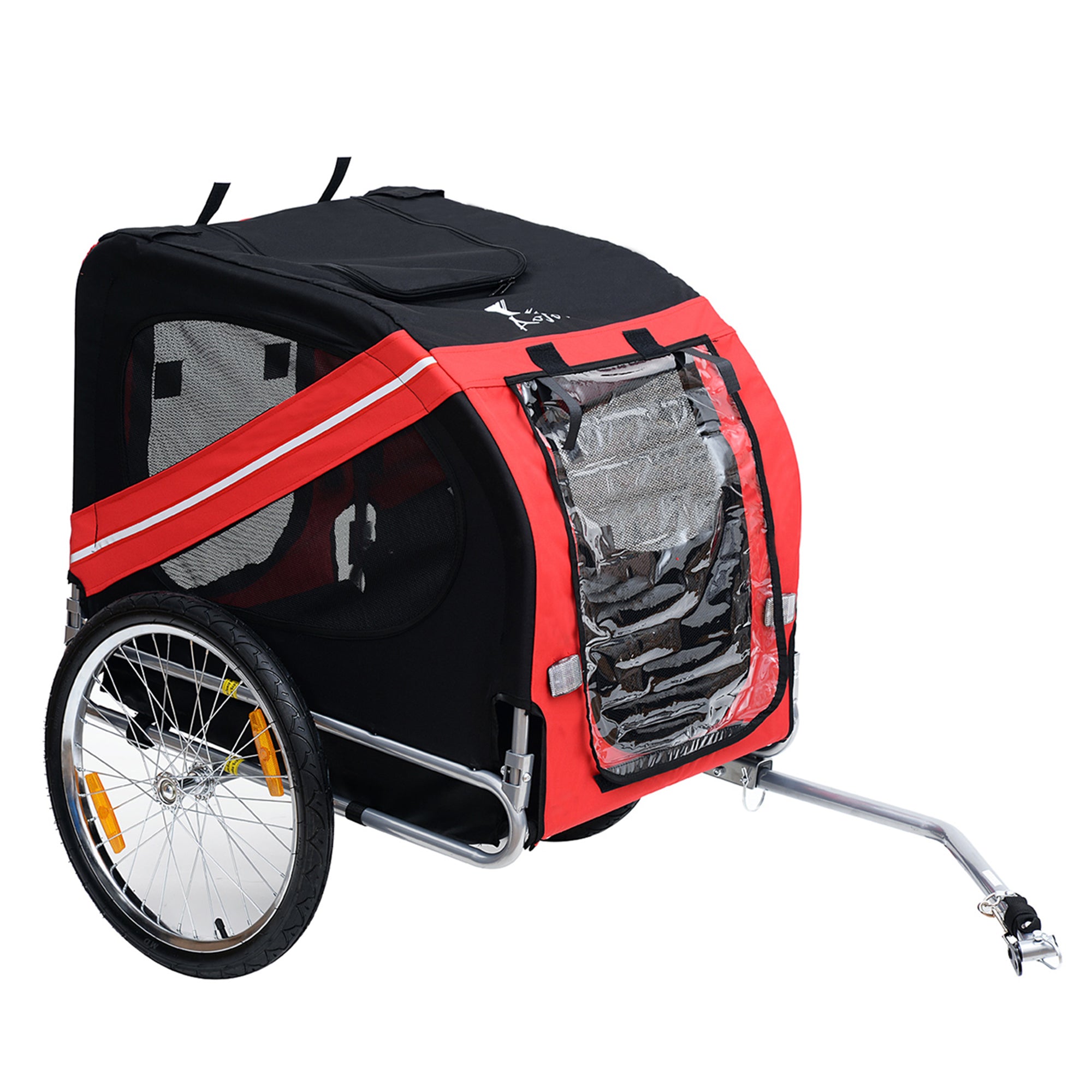 Aosom Dog Bike Trailer, Pet Wagon Bicycle Trailer with Easy Folding Cart Frame, 20" Large Rubber Wheels, 3 Entrances, Mesh Screen, Pet Bike Trailer for Off-Road & Travel, Red and Black
