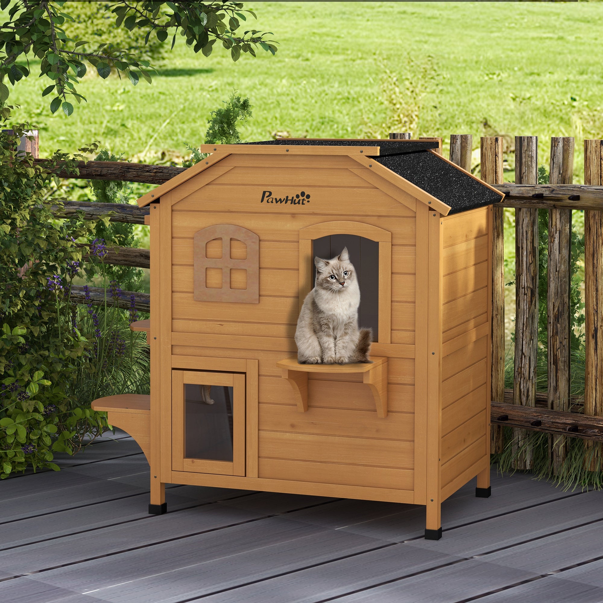 2-story Cat House Outdoor, Weatherproof Wooden Cat Enclosure for Feral Cats with Escape Door, Openable Roof, Jumping Platforms, Natural Wood Finish