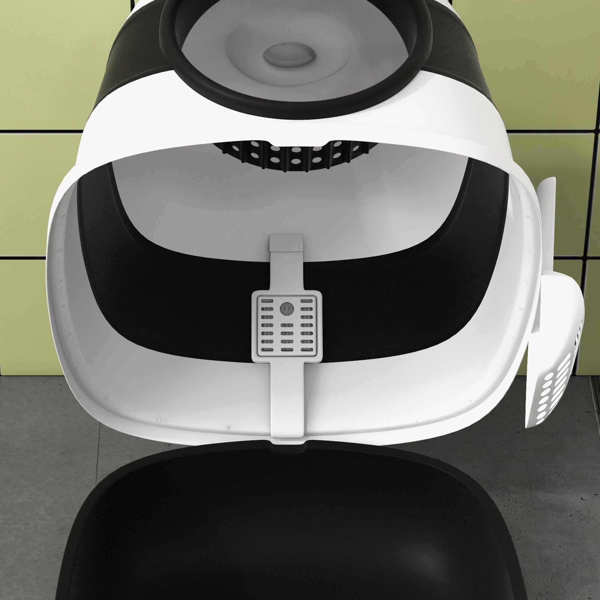 PawHut Cat Litter Box with Lid, Covered Litter Box w/ High Sides, Air Freshener, Large Two-Way Entrance Kitty Litter Box, Foldable, Easy Clean, White, and Black