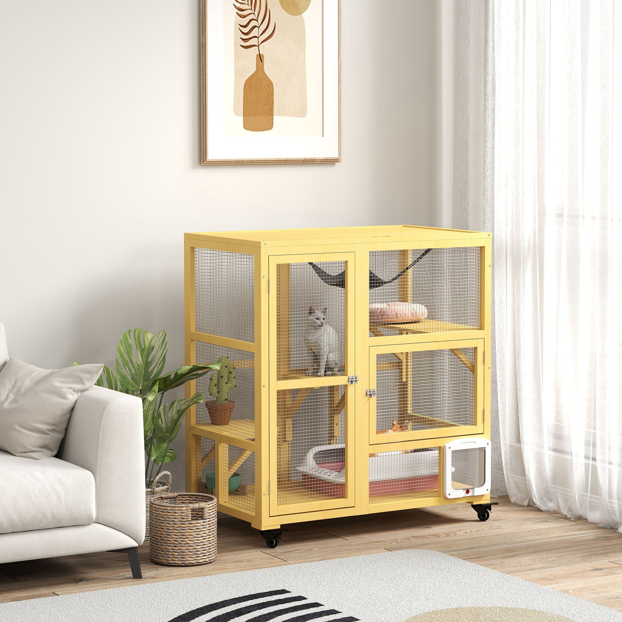 Wooden Cat House for Indoor 3 Levels Cat Condo Villa on Wheels with Flap Door Platforms Hammock Openable Top for 2 Kittens, Yellow