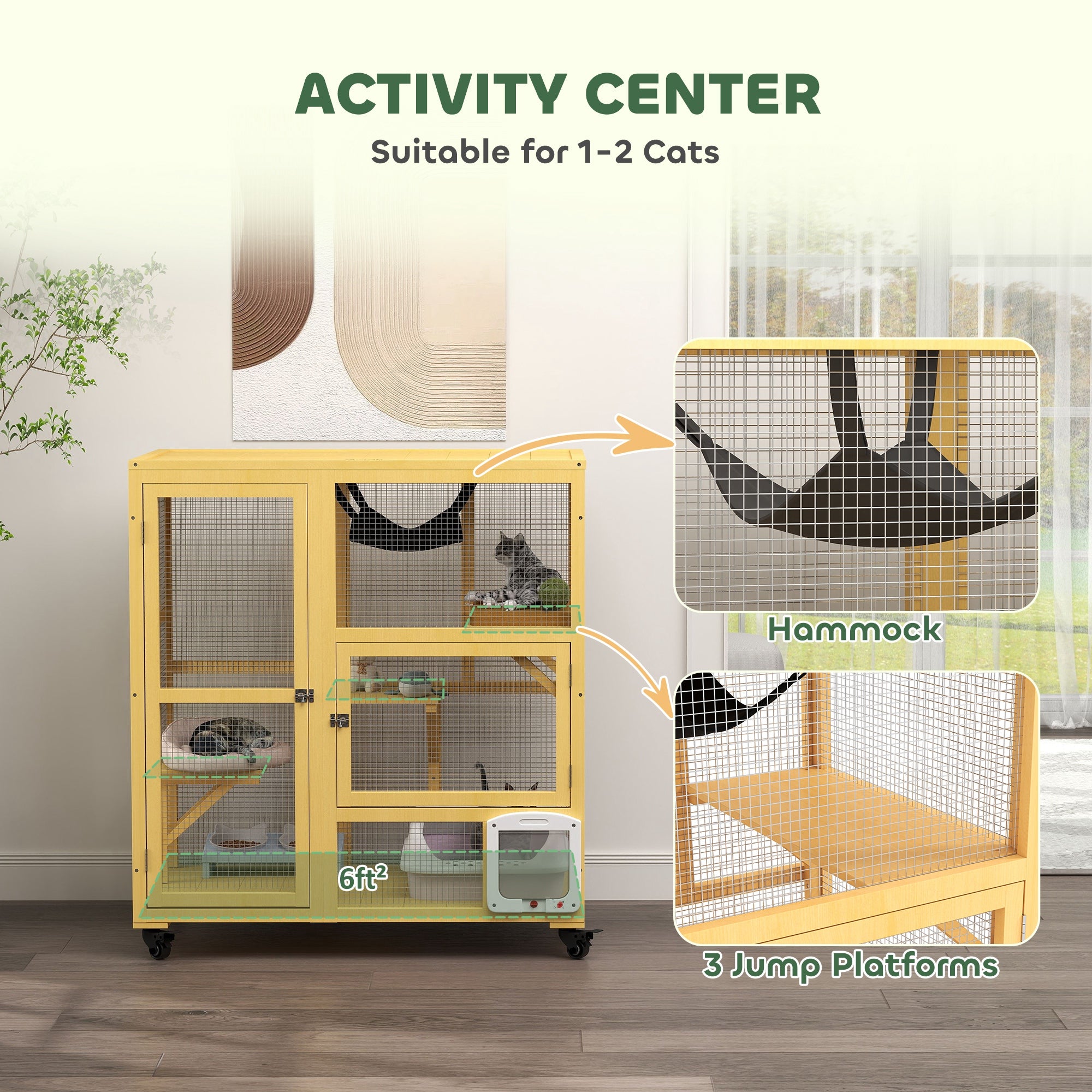 Wooden Cat House for Indoor 3 Levels Cat Condo Villa on Wheels with Flap Door Platforms Hammock Openable Top for 2 Kittens, Yellow