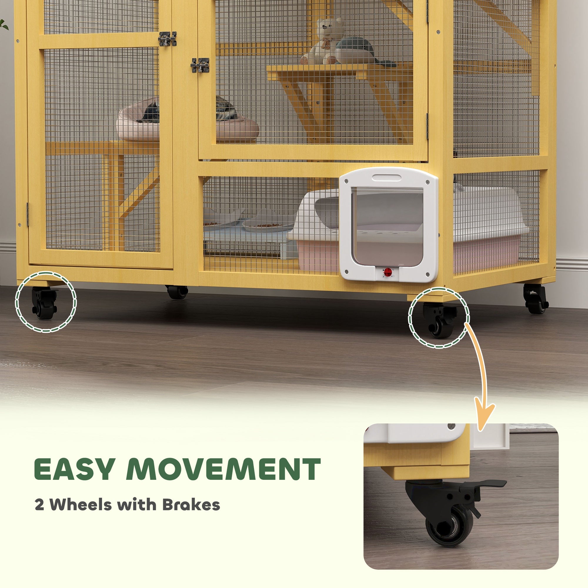 Wooden Cat House for Indoor 3 Levels Cat Condo Villa on Wheels with Flap Door Platforms Hammock Openable Top for 2 Kittens, Yellow