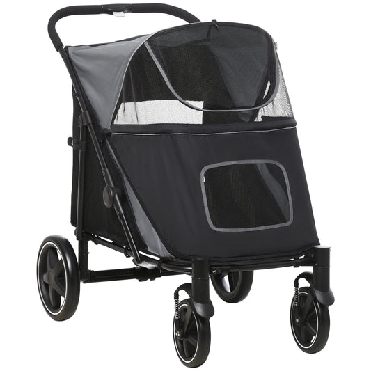 PawHut Dog Stroller for Large Medium Small Dogs up to 66 Lbs. 23.5" in Body Length, One-Click Foldable Pet Cat Stroller with Storage, Shock Absorption Wheels, Mesh Window, Safety Leash, Gray