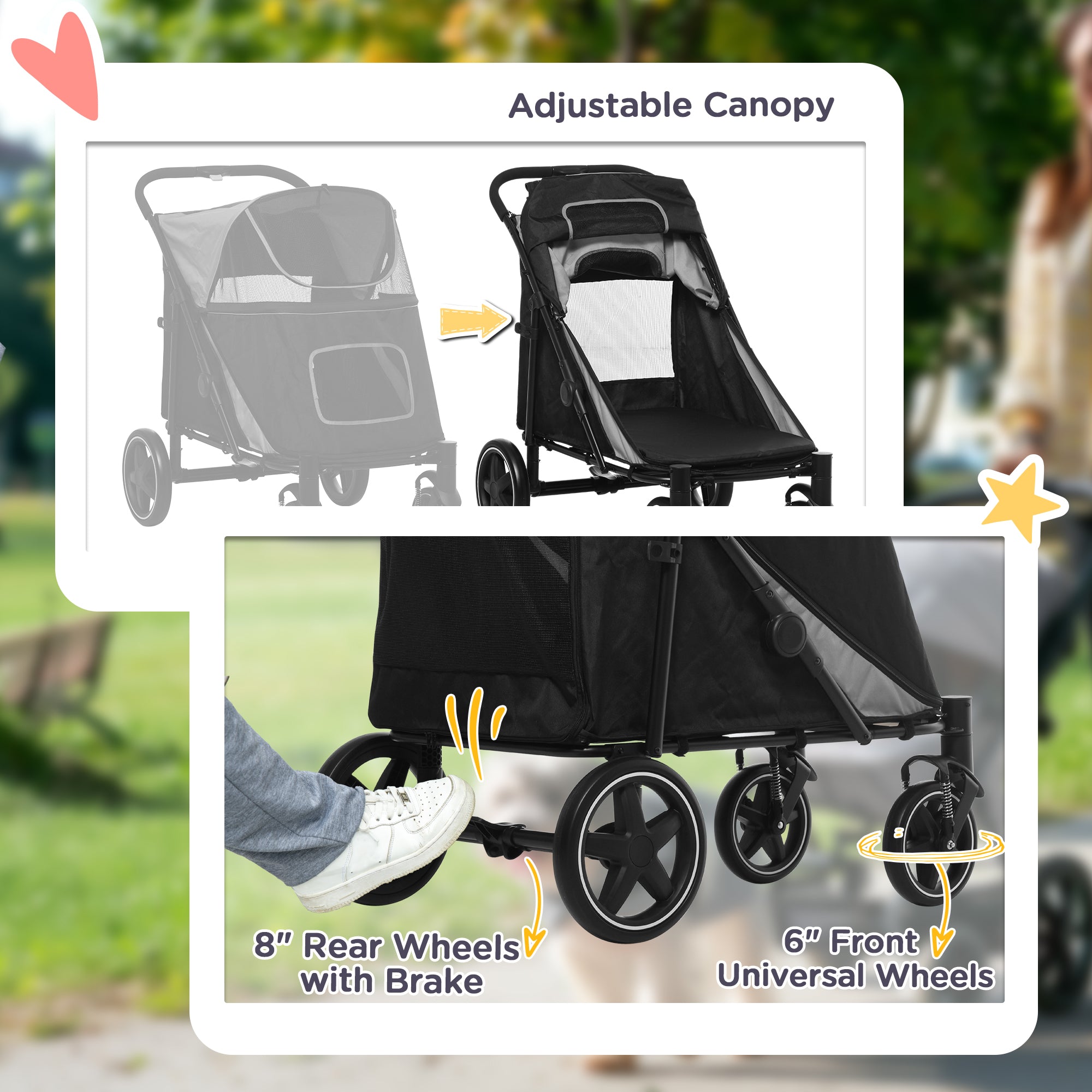 Dog Stroller Pet Pram Dog Pushchair Buggy with Adjustable Canopy for Medium and Large Breeds, Black