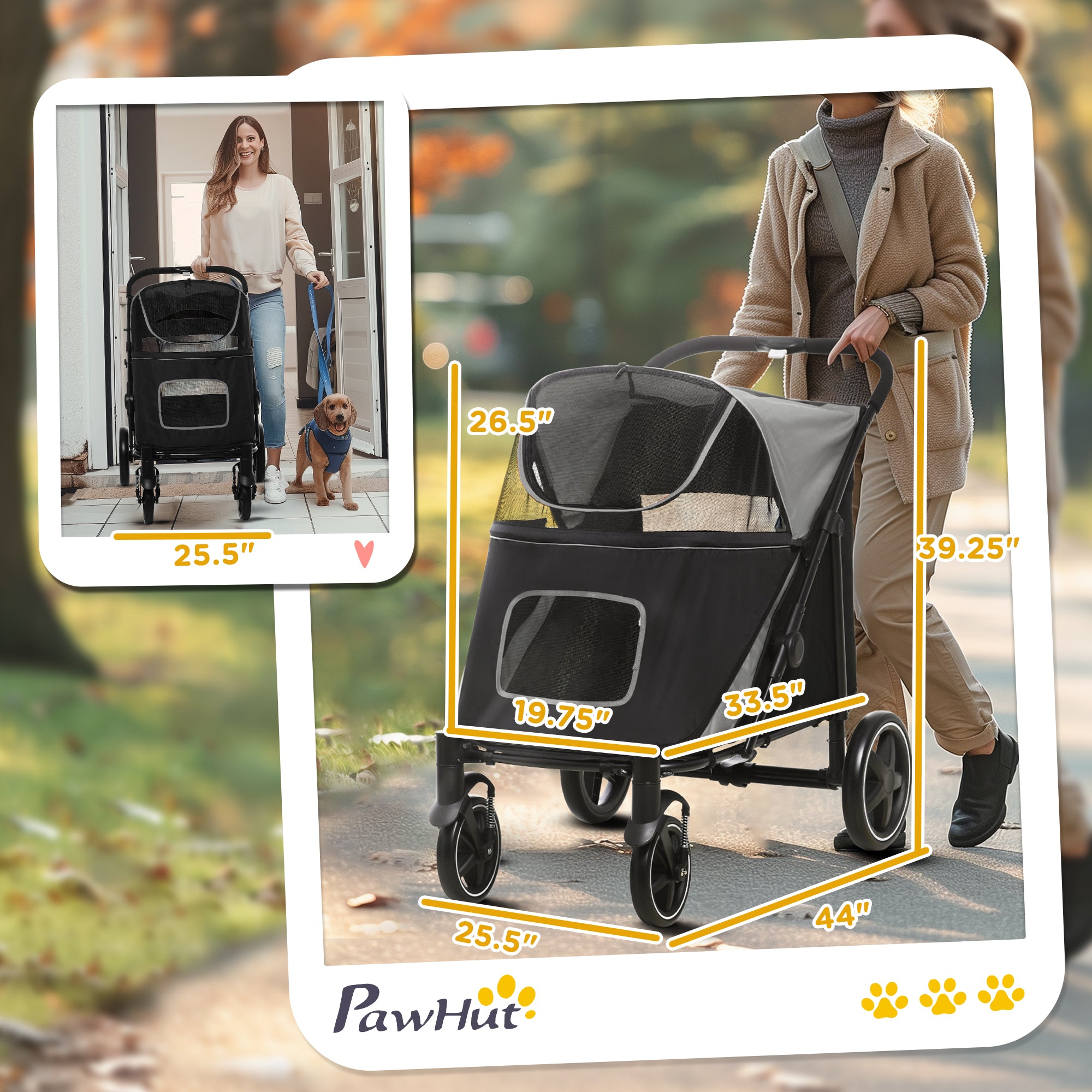 PawHut Dog Stroller for Large Medium Small Dogs up to 66 Lbs. 23.5" in Body Length, One-Click Foldable Pet Cat Stroller with Storage, Shock Absorption Wheels, Mesh Window, Safety Leash, Gray
