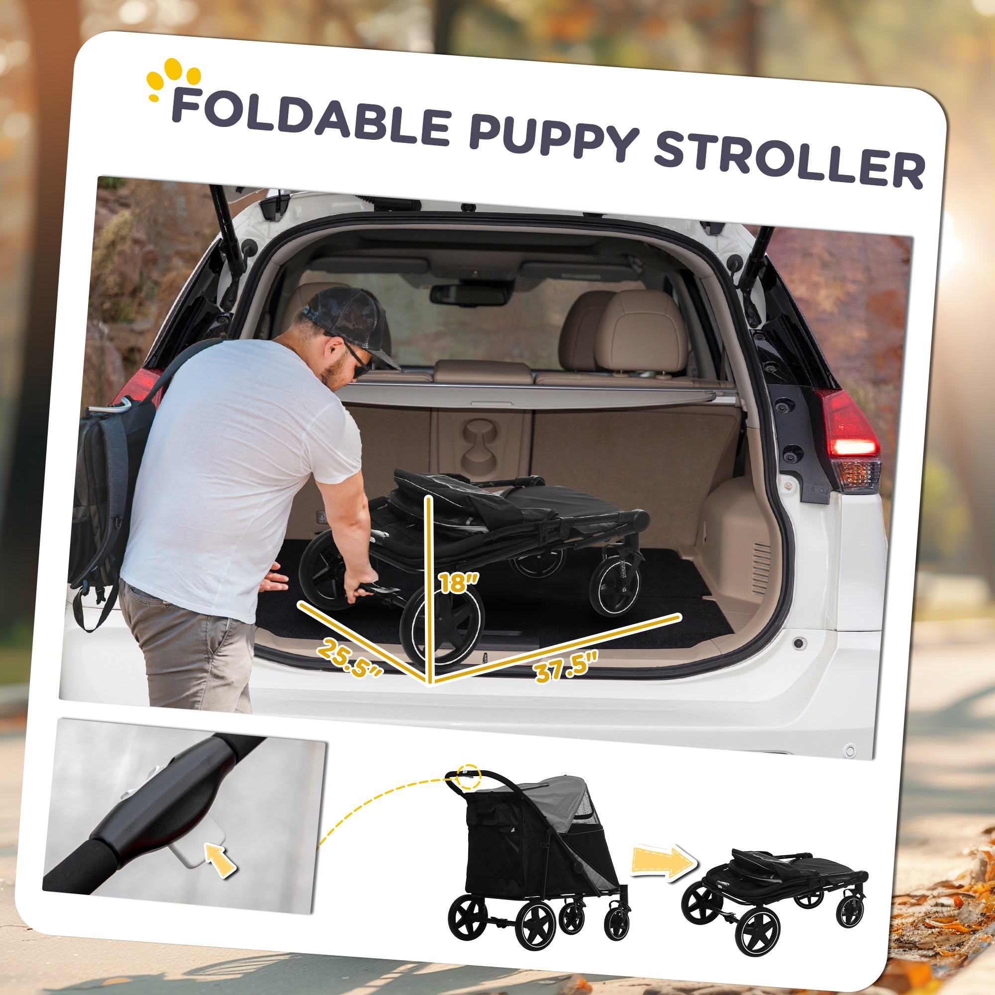 PawHut Dog Stroller for Large Medium Small Dogs up to 66 Lbs. 23.5" in Body Length, One-Click Foldable Pet Cat Stroller with Storage, Shock Absorption Wheels, Mesh Window, Safety Leash, Gray