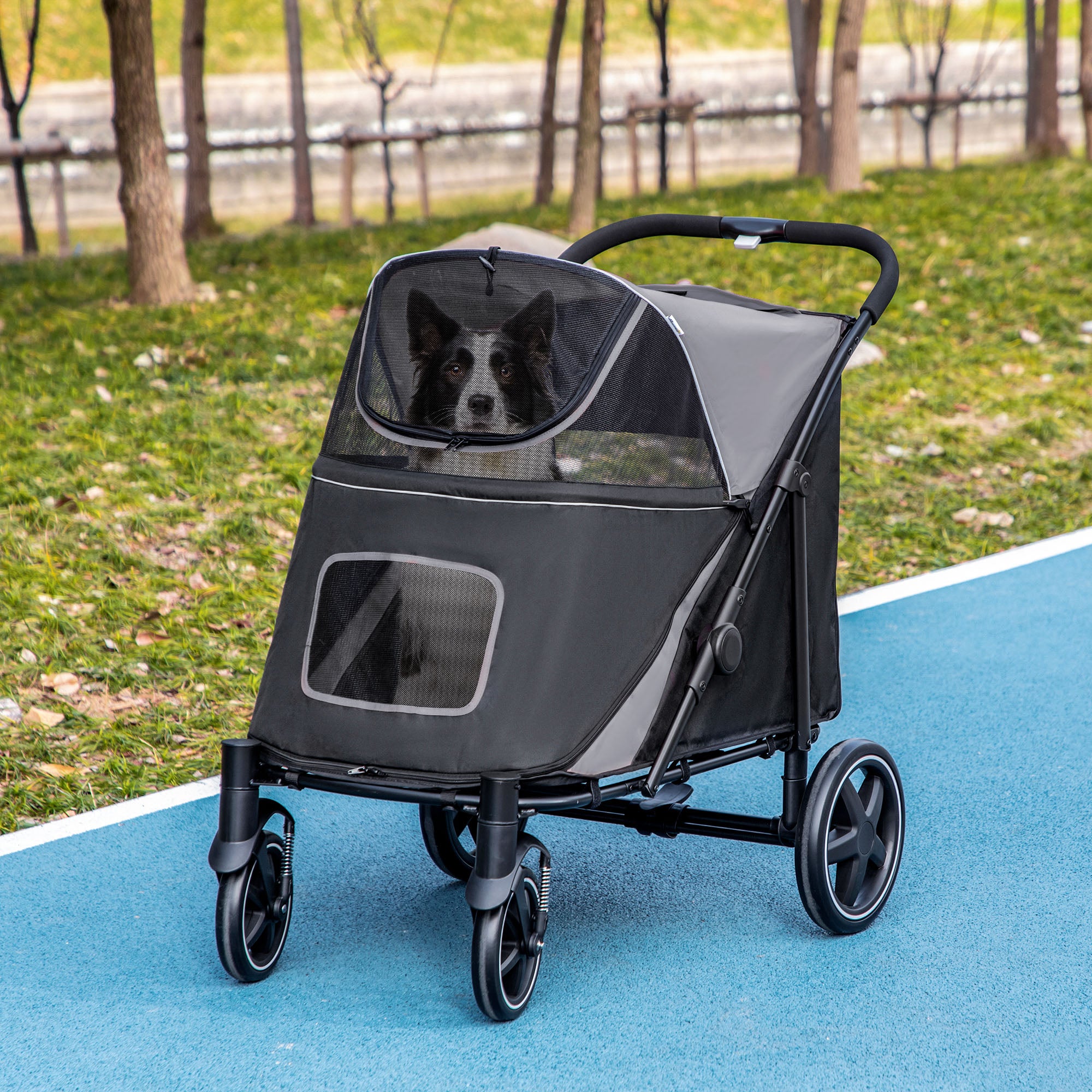 PawHut Dog Stroller for Large Medium Small Dogs up to 66 Lbs. 23.5" in Body Length, One-Click Foldable Pet Cat Stroller with Storage, Shock Absorption Wheels, Mesh Window, Safety Leash, Gray