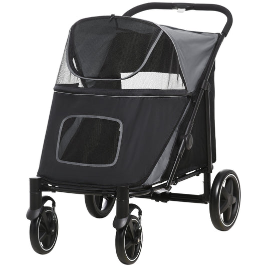 PawHut Dog Stroller for Large Medium Small Dogs up to 66 Lbs. 23.5" in Body Length, One-Click Foldable Pet Cat Stroller with Storage, Shock Absorption Wheels, Mesh Window, Safety Leash, Gray