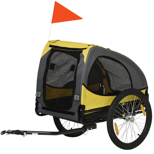 Aosom Dog Bike Trailer, Pet Bike Wagon with Steel Frame, Hitch Coupler, Quick Release Wheels, Reflectors, Flag, Pet Travel Carrier for Medium Dogs, Yellow
