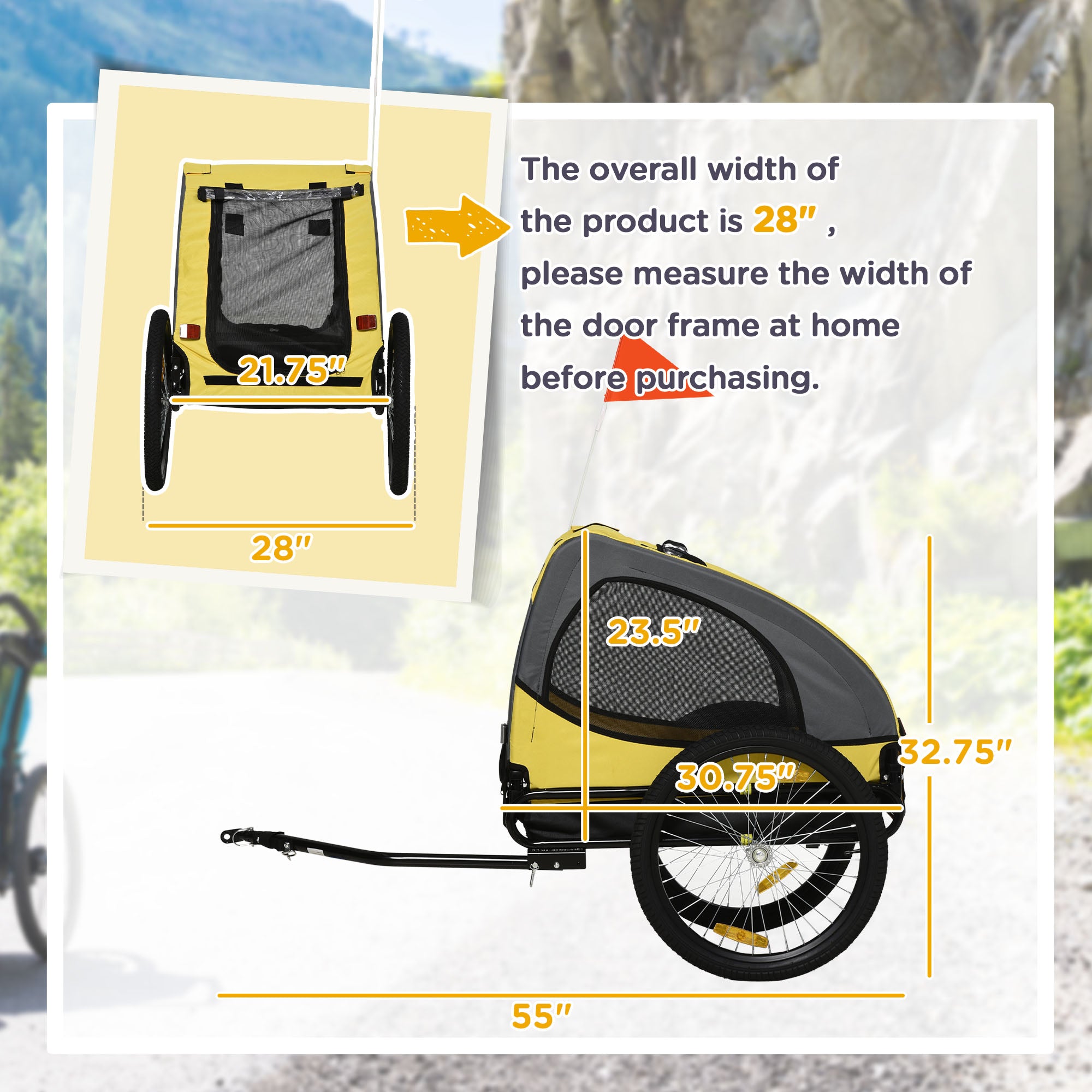 Aosom Dog Bike Trailer, Pet Bike Wagon with Steel Frame, Hitch Coupler, Quick Release Wheels, Reflectors, Flag, Pet Travel Carrier for Medium Dogs, Yellow