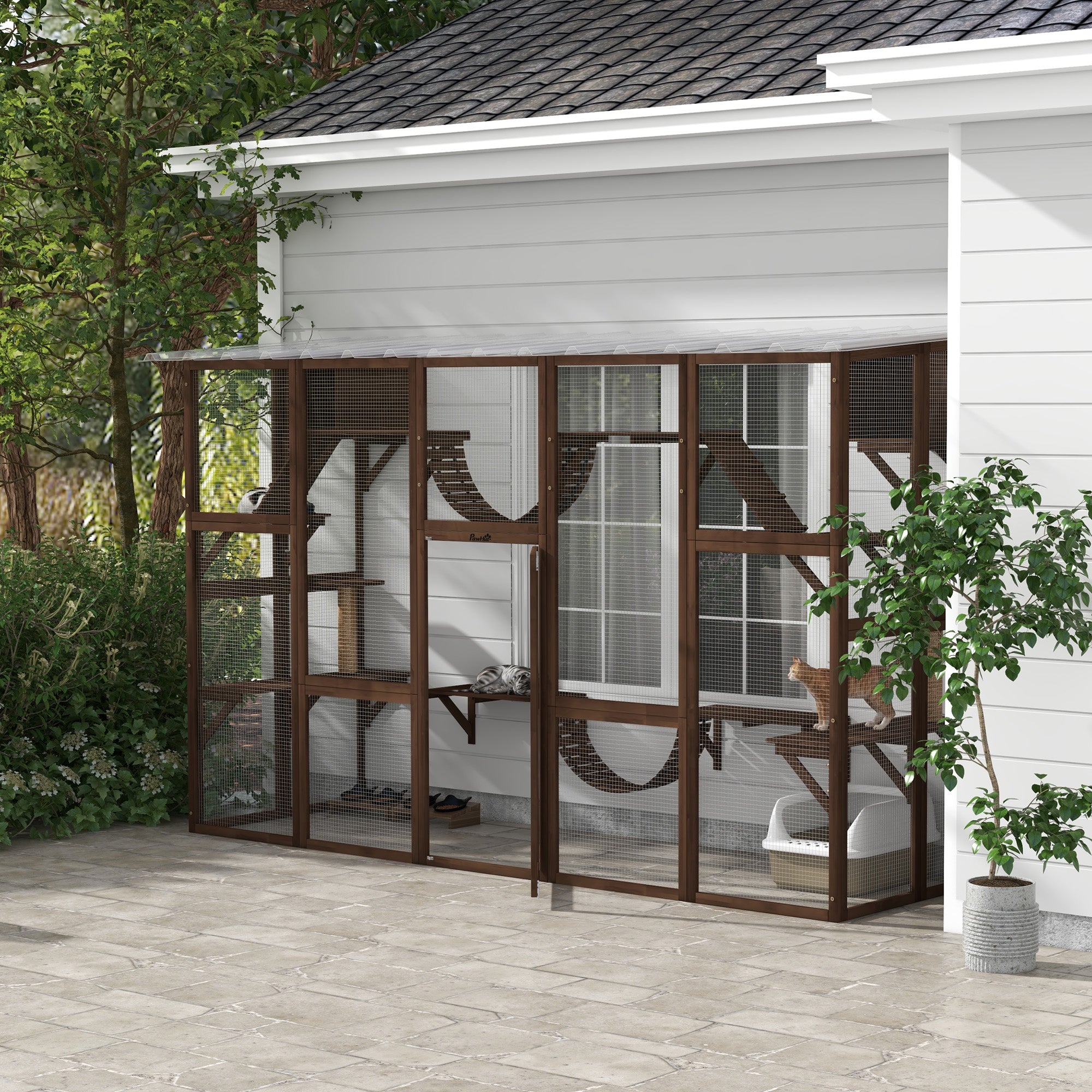 PawHut Catio Playground Cat Window Box Outside Enclosure, Outdoor Cat House with Weather Protection Roof for Multiple Kitties, Wooden Frame, Shelves & Bridges, 118" x 37.5" x 74", Coffee Brown