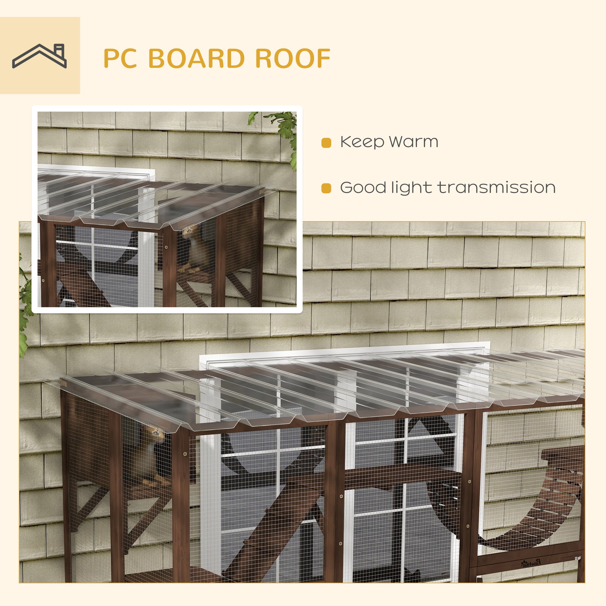 PawHut Catio Playground Cat Window Box Outside Enclosure, Outdoor Cat House with Weather Protection Roof for Multiple Kitties, Wooden Frame, Shelves & Bridges, 118" x 37.5" x 74", Coffee Brown