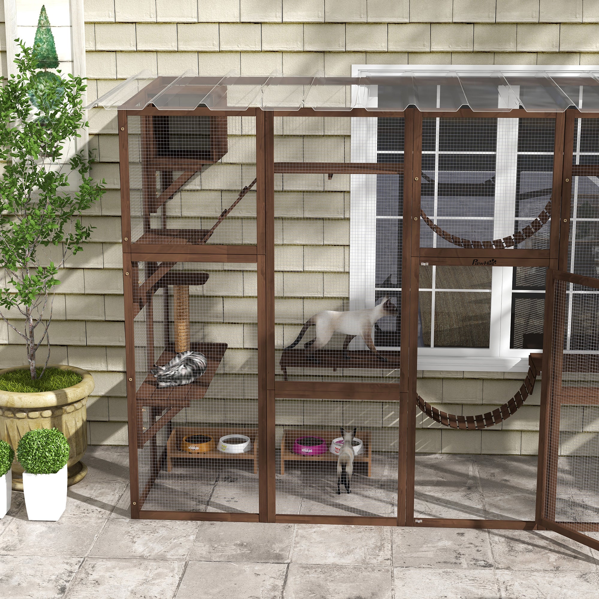 PawHut Catio Playground Cat Window Box Outside Enclosure, Outdoor Cat House with Weather Protection Roof for Multiple Kitties, Wooden Frame, Shelves & Bridges, 118" x 37.5" x 74", Coffee Brown