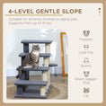 Load image into Gallery viewer, PawHut 4 Levels Cat Steps, Pet Stairs Carpeted Ladder, Kitten Tree Climber with Scratching Posts, Hanging Play Ball, Side Step, for High Bed, Sofa, Gray