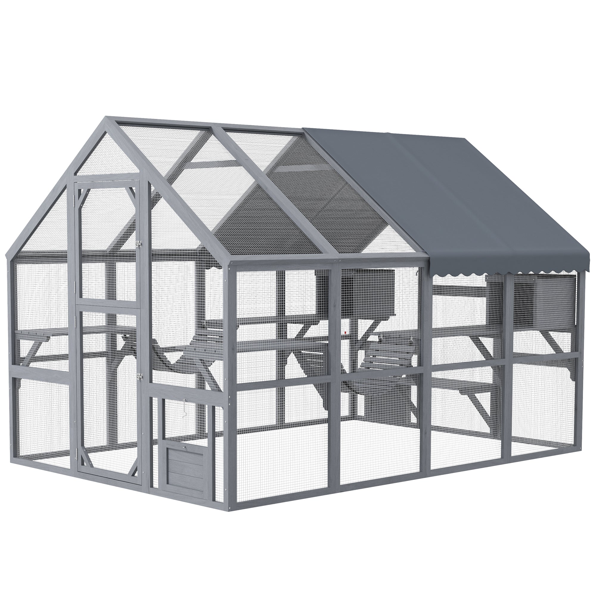 PawHut Large Catio Outdoor Cat Enclosure for Multiple Cats, Wooden Cat House with Waterproof Cover, Walk in Cat Cage Kennel with 2 Condos, 6 Platforms, Bridge, Doors, 110" x 73" x 74", Gray