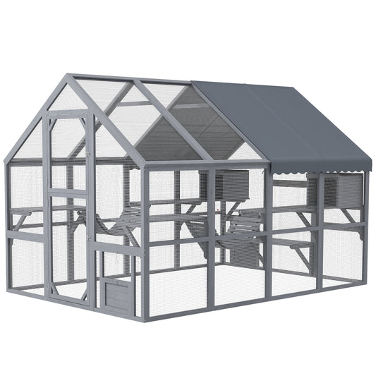 PawHut Large Catio Outdoor Cat Enclosure for Multiple Cats, Wooden Cat House with Waterproof Cover, Walk in Cat Cage Kennel with 2 Condos, 6 Platforms, Bridge, Doors, 110" x 73" x 74", Gray