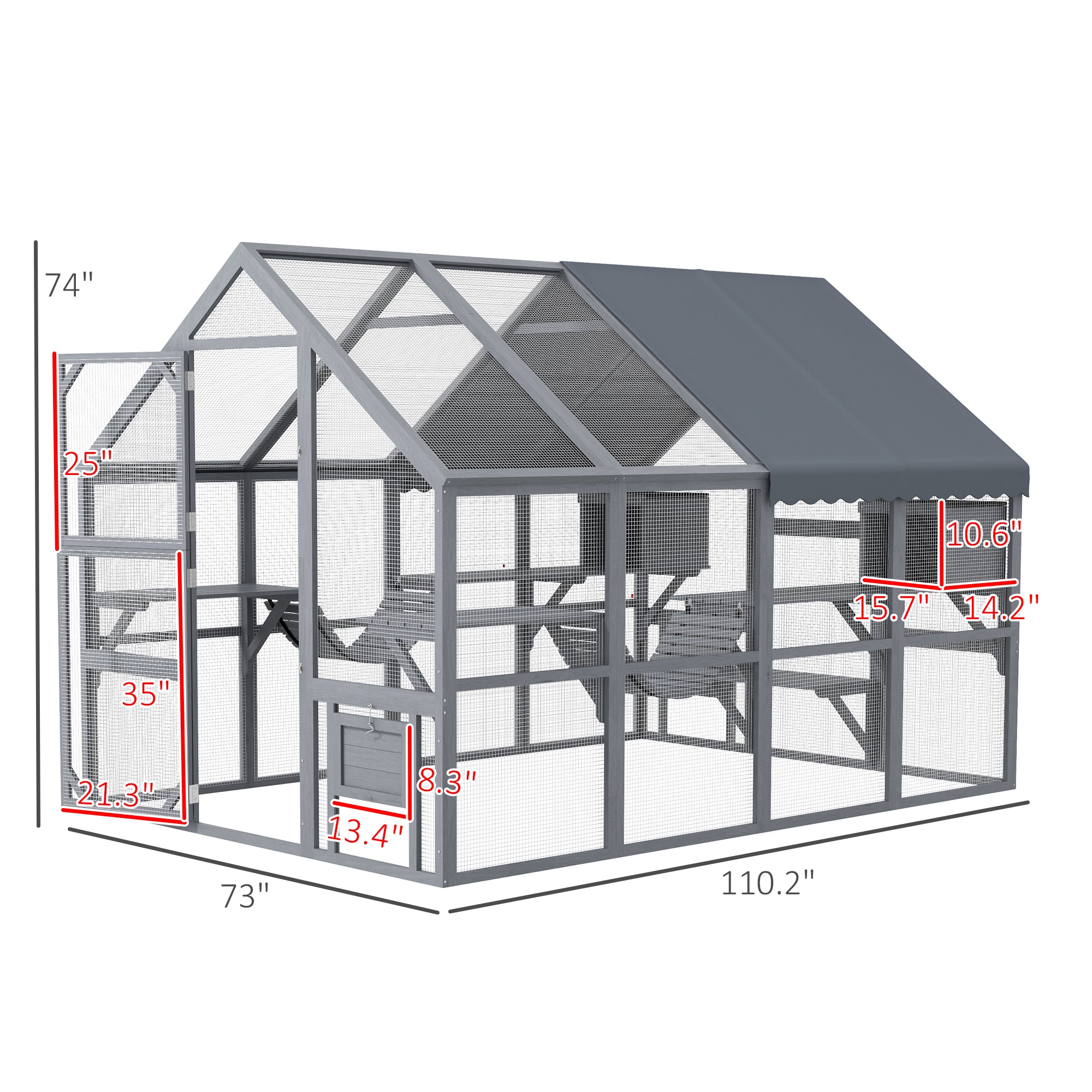 PawHut Large Catio Outdoor Cat Enclosure for Multiple Cats, Wooden Cat House with Waterproof Cover, Walk in Cat Cage Kennel with 2 Condos, 6 Platforms, Bridge, Doors, 110" x 73" x 74", Gray