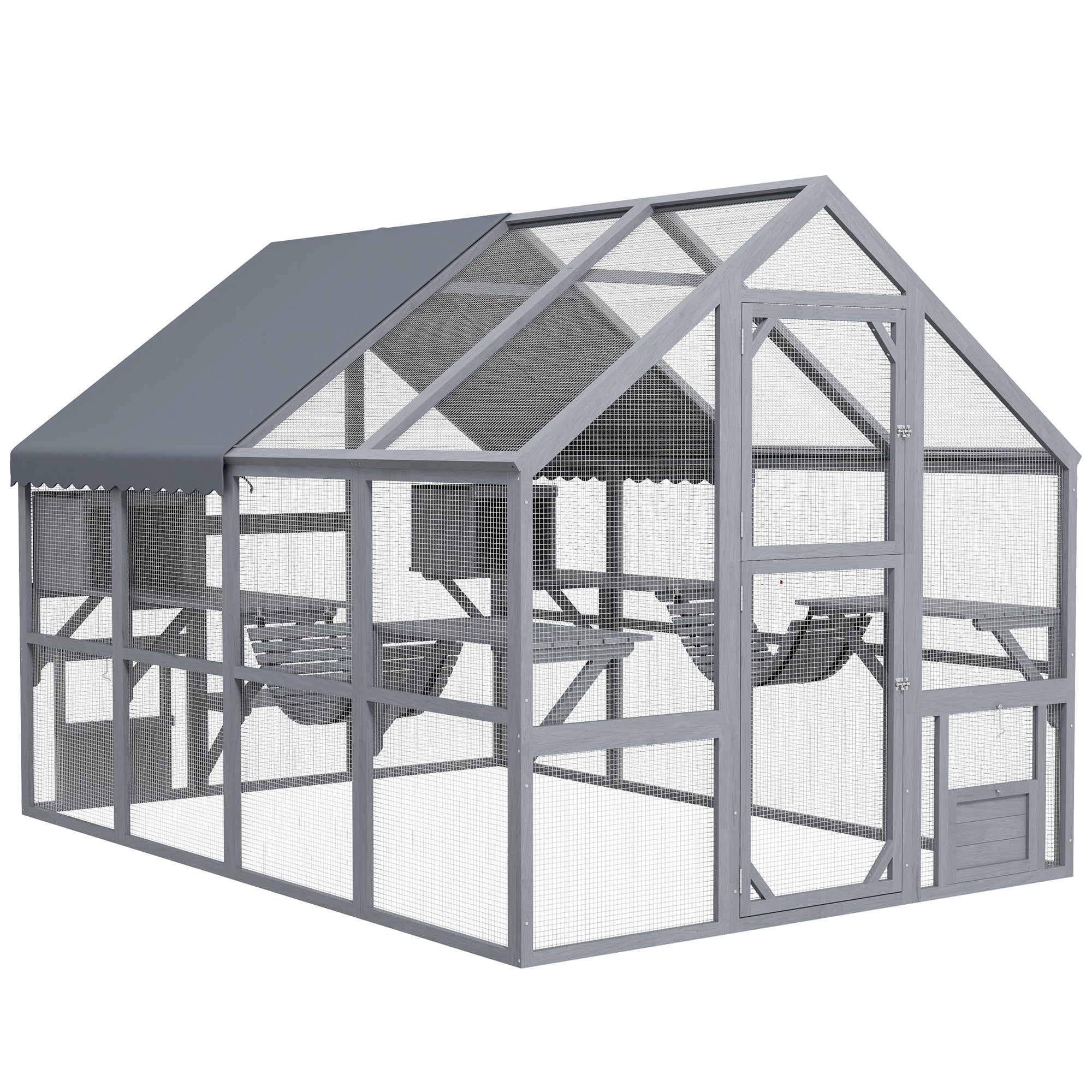 PawHut Large Catio Outdoor Cat Enclosure for Multiple Cats, Wooden Cat House with Waterproof Cover, Walk in Cat Cage Kennel with 2 Condos, 6 Platforms, Bridge, Doors, 110" x 73" x 74", Gray