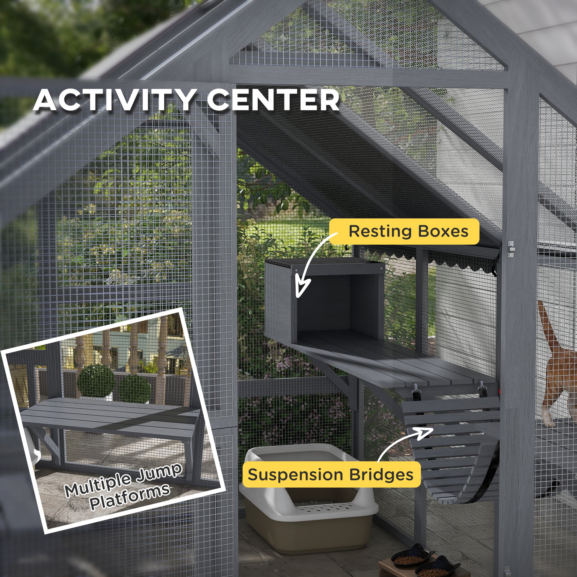 PawHut Large Catio Outdoor Cat Enclosure for Multiple Cats, Wooden Cat House with Waterproof Cover, Walk in Cat Cage Kennel with 2 Condos, 6 Platforms, Bridge, Doors, 110" x 73" x 74", Gray