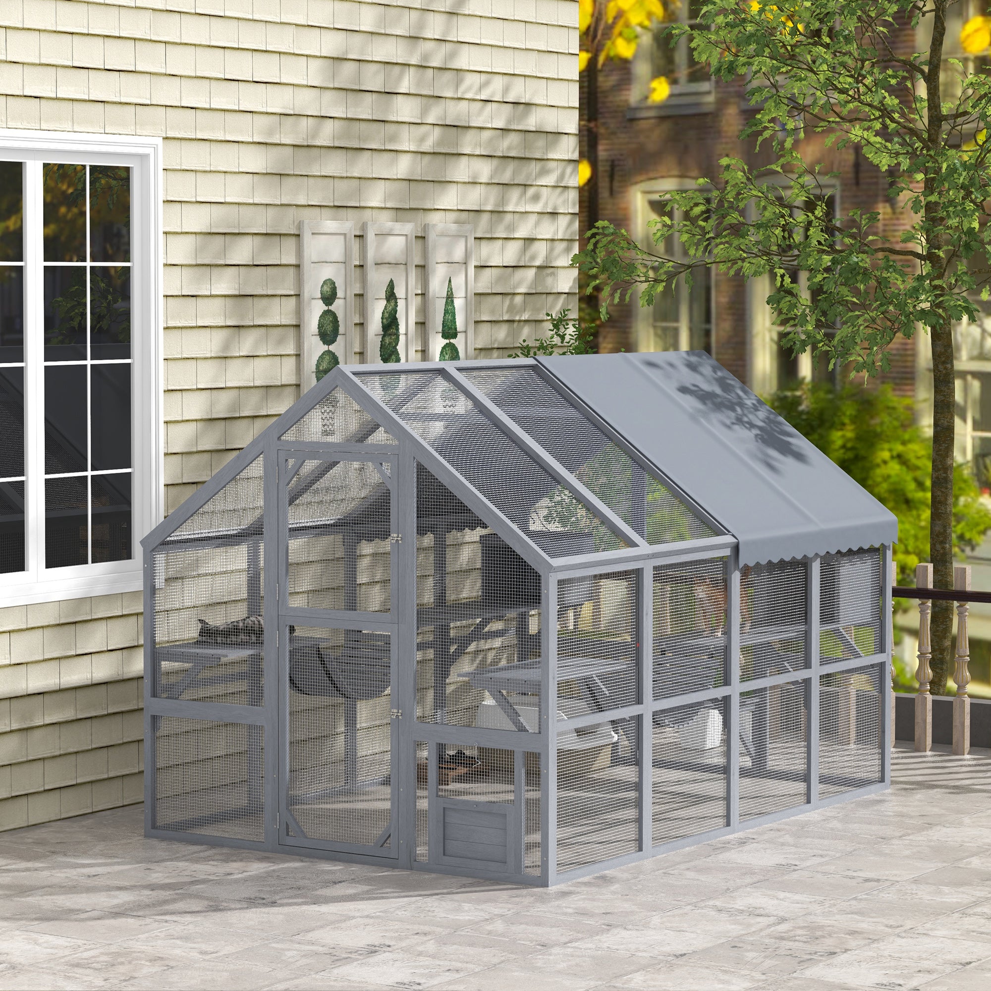 PawHut Large Catio Outdoor Cat Enclosure for Multiple Cats, Wooden Cat House with Waterproof Cover, Walk in Cat Cage Kennel with 2 Condos, 6 Platforms, Bridge, Doors, 110" x 73" x 74", Gray