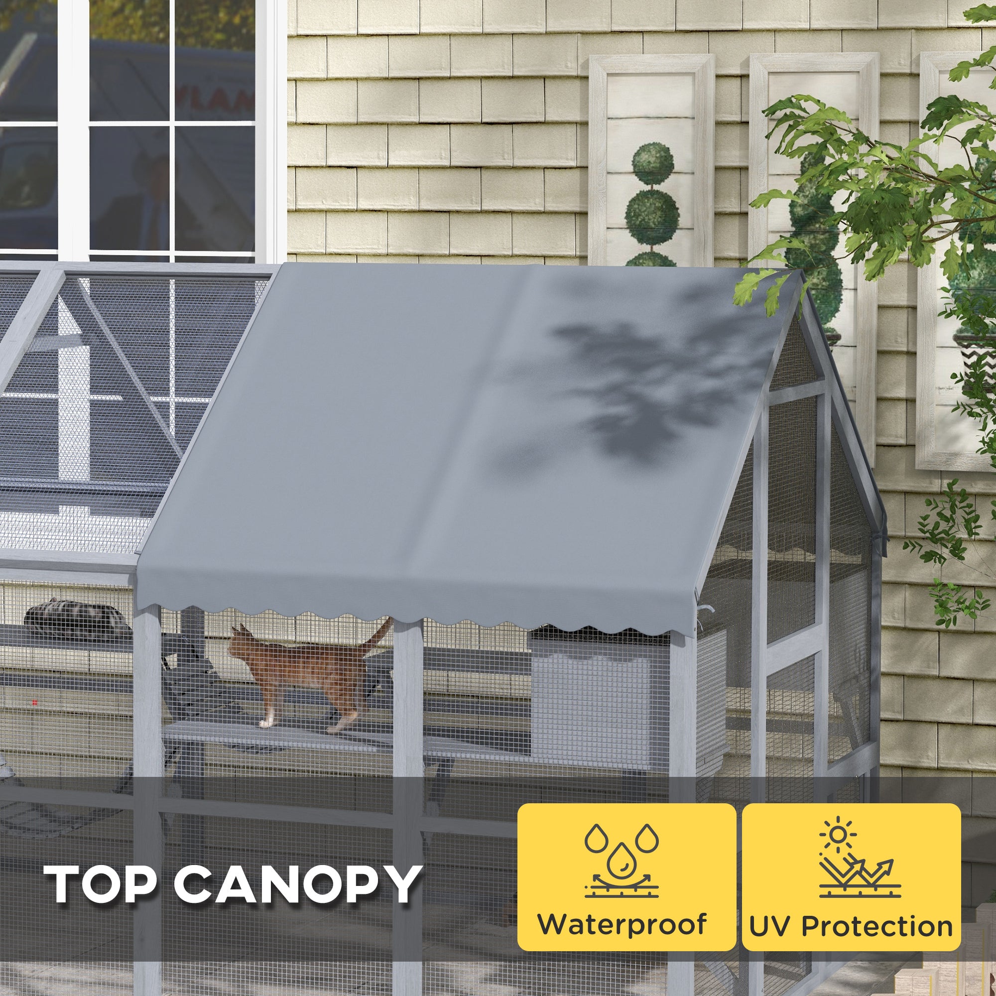 PawHut Large Catio Outdoor Cat Enclosure for Multiple Cats, Wooden Cat House with Waterproof Cover, Walk in Cat Cage Kennel with 2 Condos, 6 Platforms, Bridge, Doors, 110" x 73" x 74", Gray