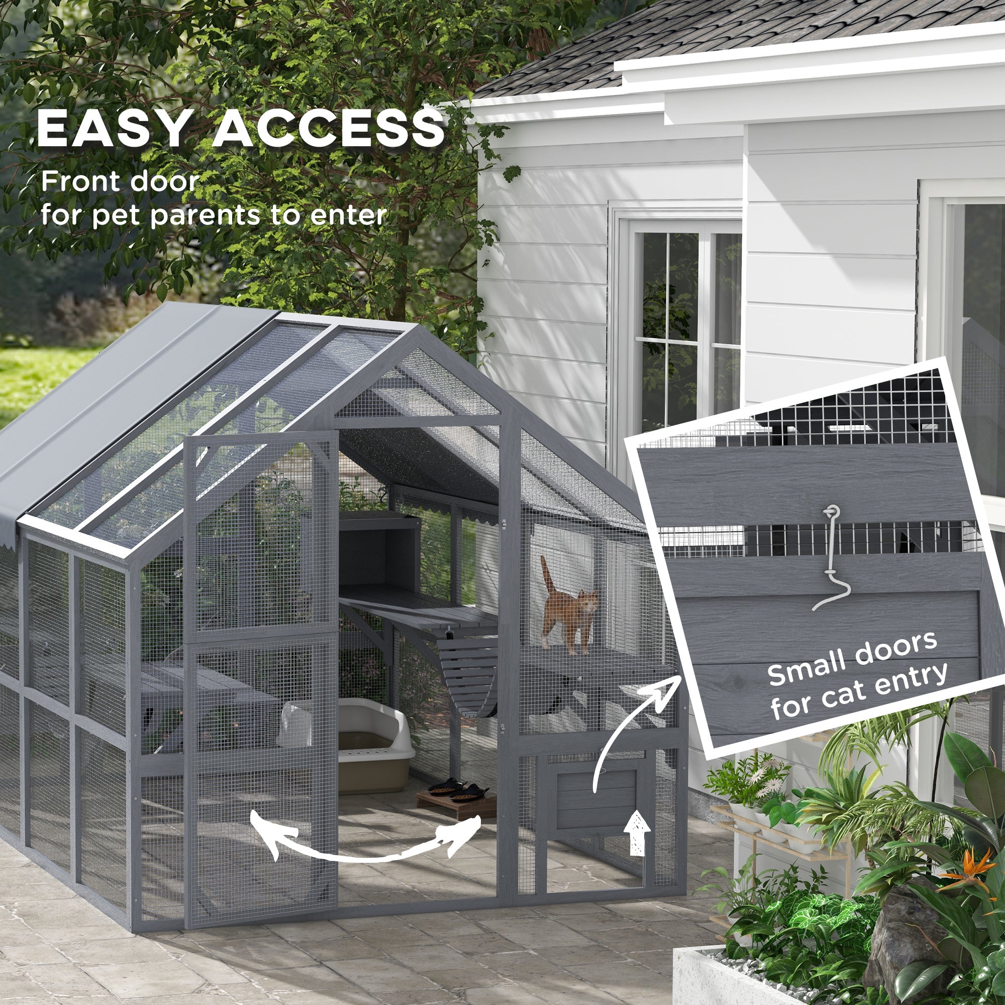 PawHut Large Catio Outdoor Cat Enclosure for Multiple Cats, Wooden Cat House with Waterproof Cover, Walk in Cat Cage Kennel with 2 Condos, 6 Platforms, Bridge, Doors, 110" x 73" x 74", Gray