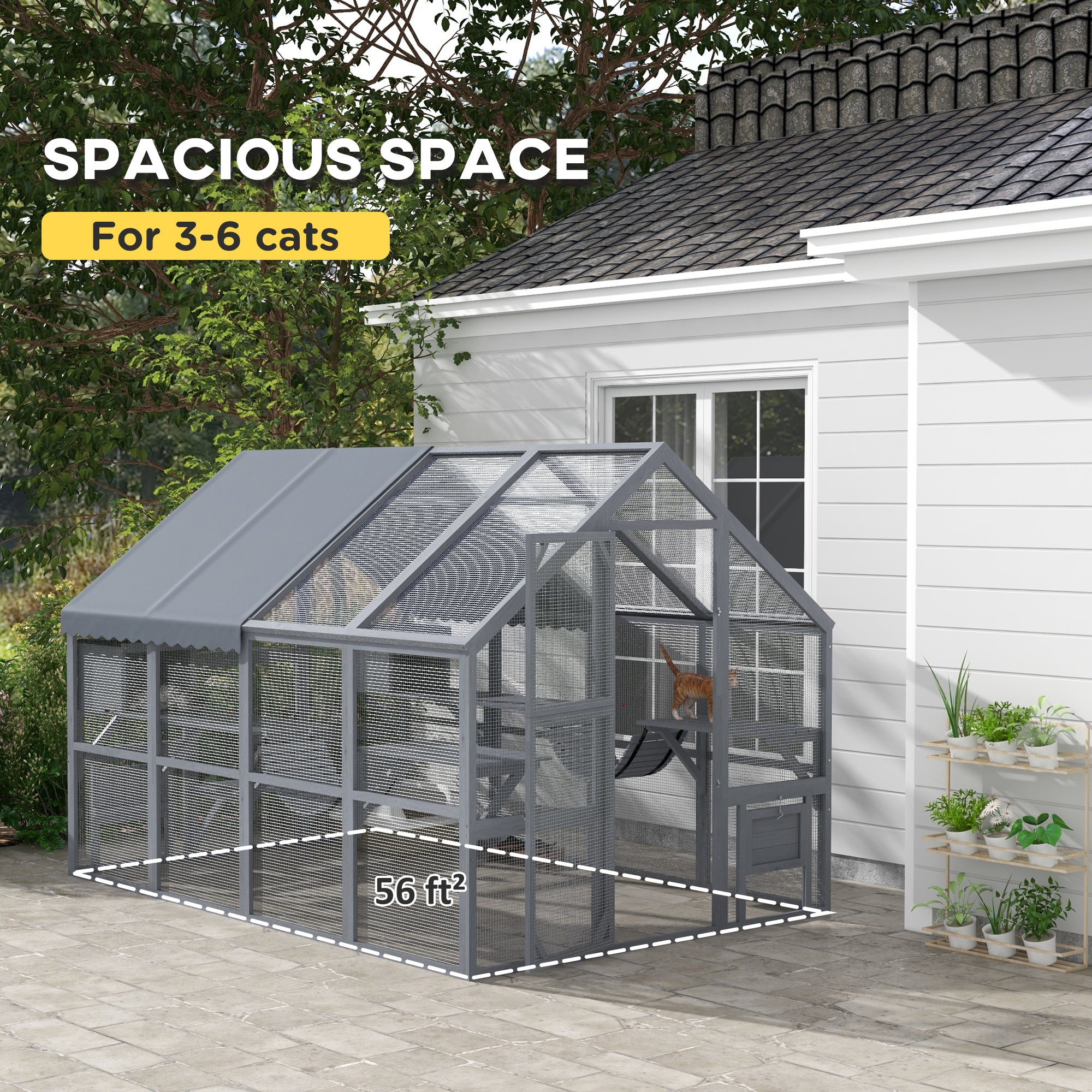PawHut Large Catio Outdoor Cat Enclosure for Multiple Cats, Wooden Cat House with Waterproof Cover, Walk in Cat Cage Kennel with 2 Condos, 6 Platforms, Bridge, Doors, 110" x 73" x 74", Gray