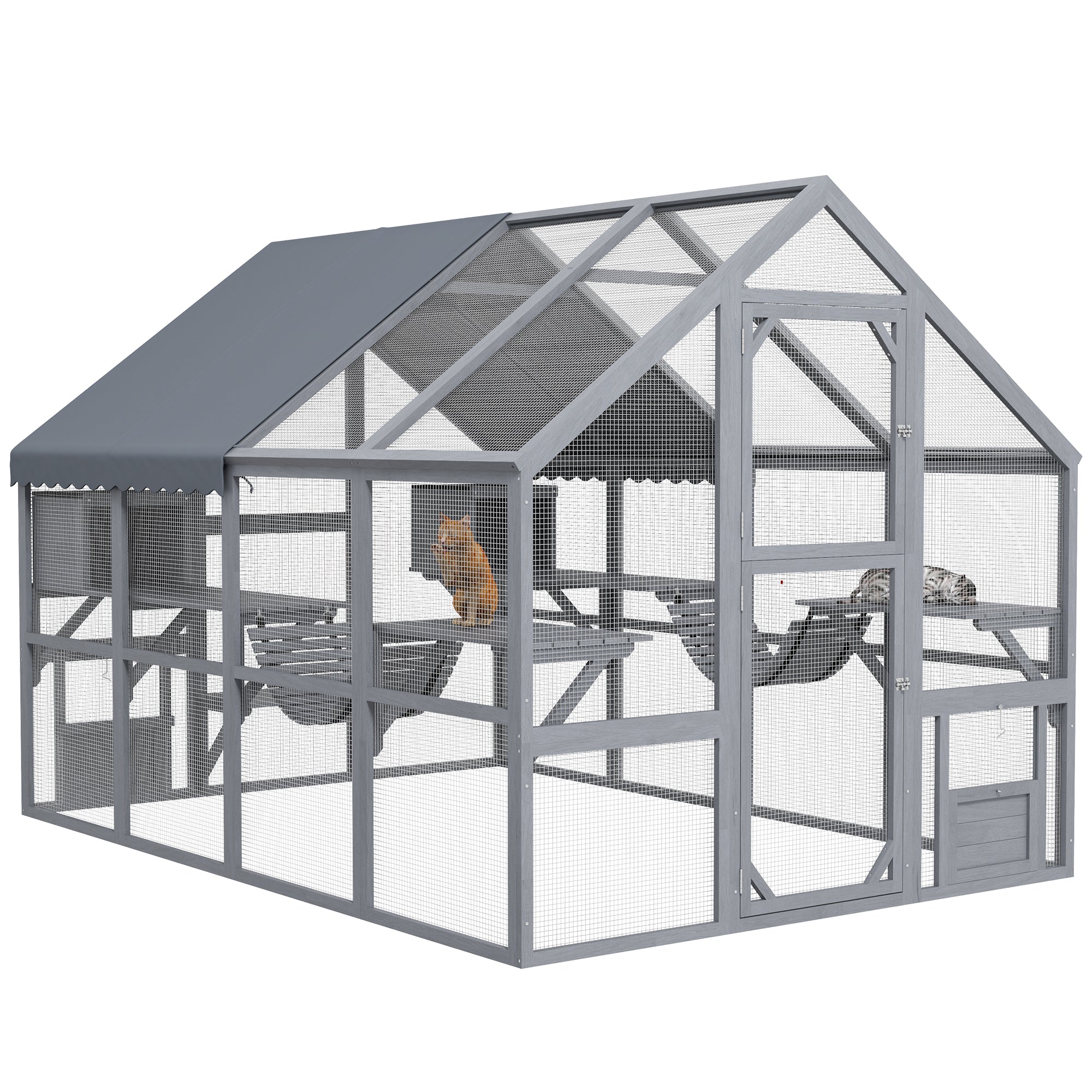 PawHut Large Catio Outdoor Cat Enclosure for Multiple Cats, Wooden Cat House with Waterproof Cover, Walk in Cat Cage Kennel with 2 Condos, 6 Platforms, Bridge, Doors, 110" x 73" x 74", Gray