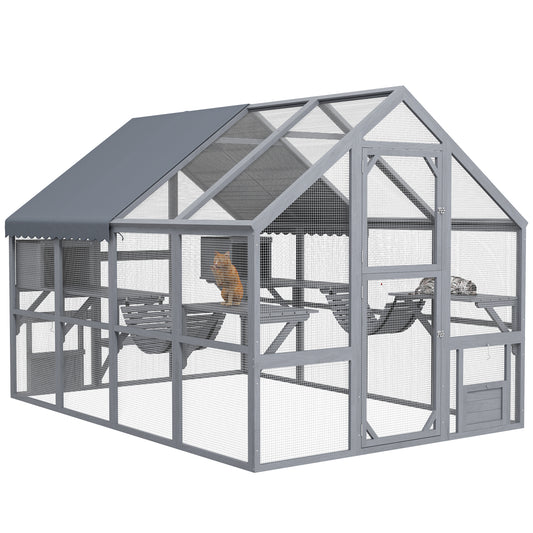 PawHut Large Catio Outdoor Cat Enclosure for Multiple Cats, Wooden Cat House with Waterproof Cover, Walk in Cat Cage Kennel with 2 Condos, 6 Platforms, Bridge, Doors, 110" x 73" x 74", Gray