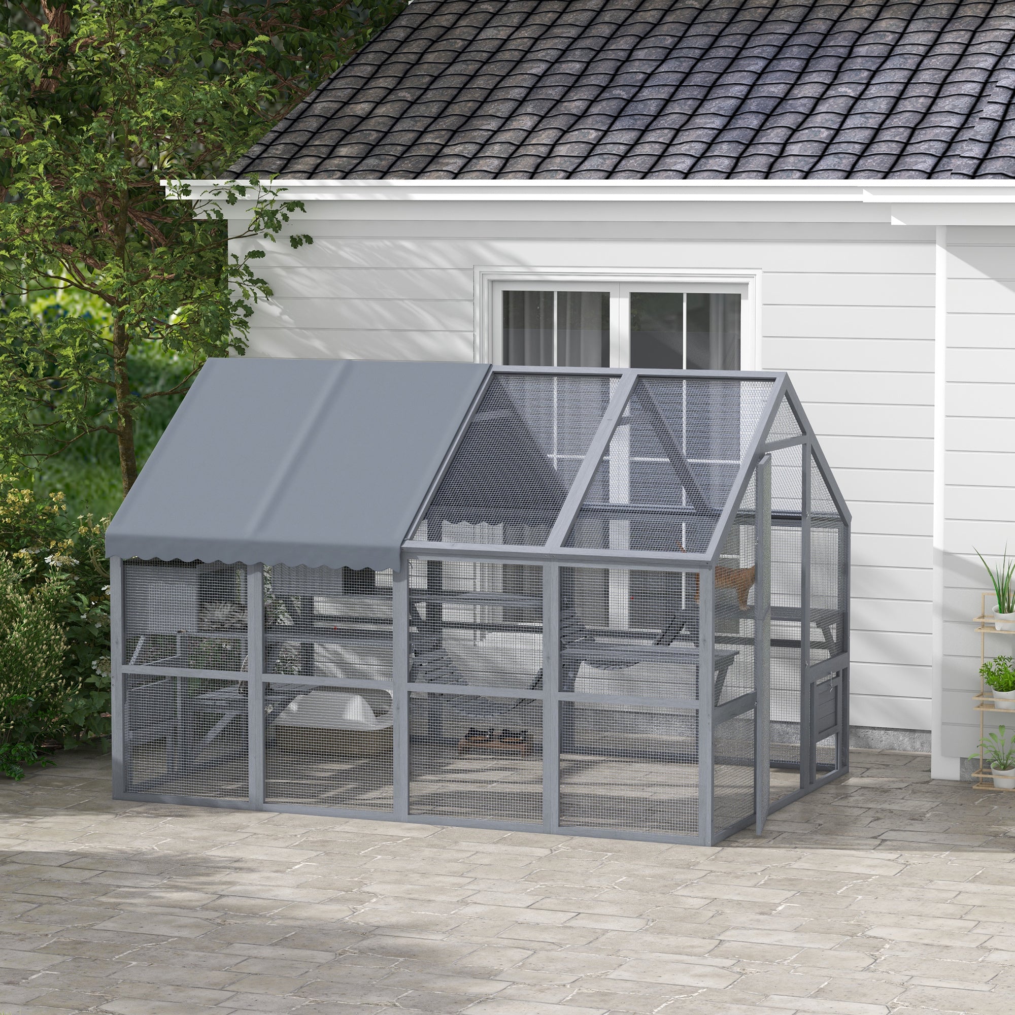 PawHut Large Catio Outdoor Cat Enclosure for Multiple Cats, Wooden Cat House with Waterproof Cover, Walk in Cat Cage Kennel with 2 Condos, 6 Platforms, Bridge, Doors, 110" x 73" x 74", Gray