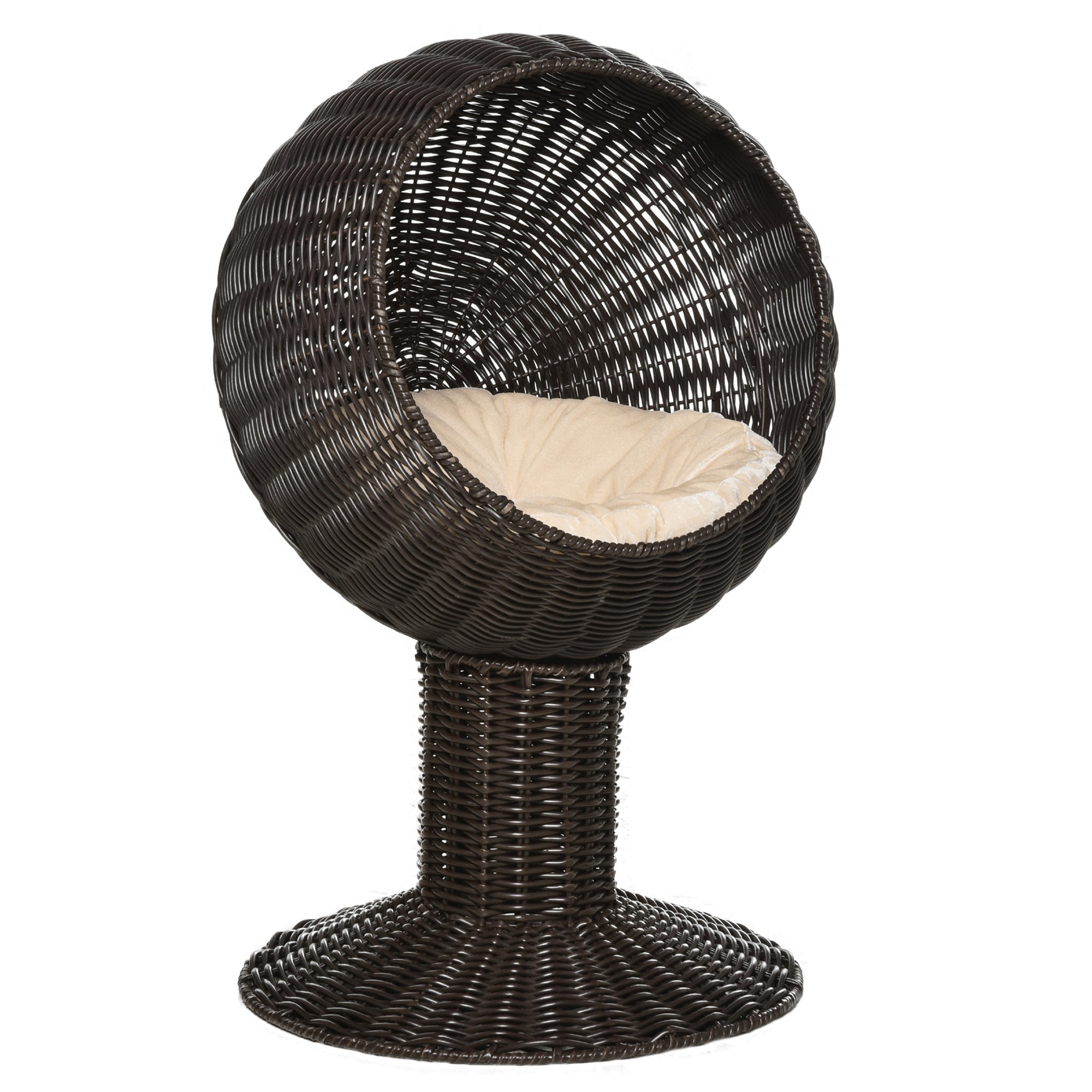 PawHut Elevated Cat Bed with Rotatable Egg Chair Pod, Cat Basket Bed with Thick Cushion, Natural Mat Grass Woven Kitty House, Coffee