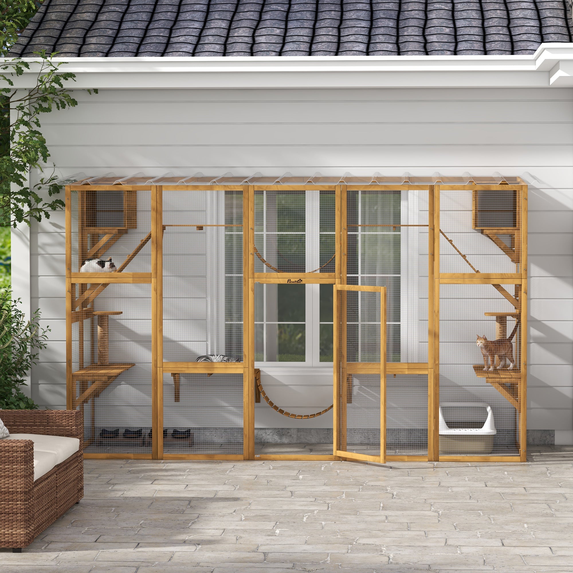 PawHut Catio Playground Cat Window Box Outside Enclosure, Outdoor Cat House with Weather Protection Roof for Multiple Kitties, Wooden Frame, Shelves & Bridges, 118" x 37.5" x 74", Yellow