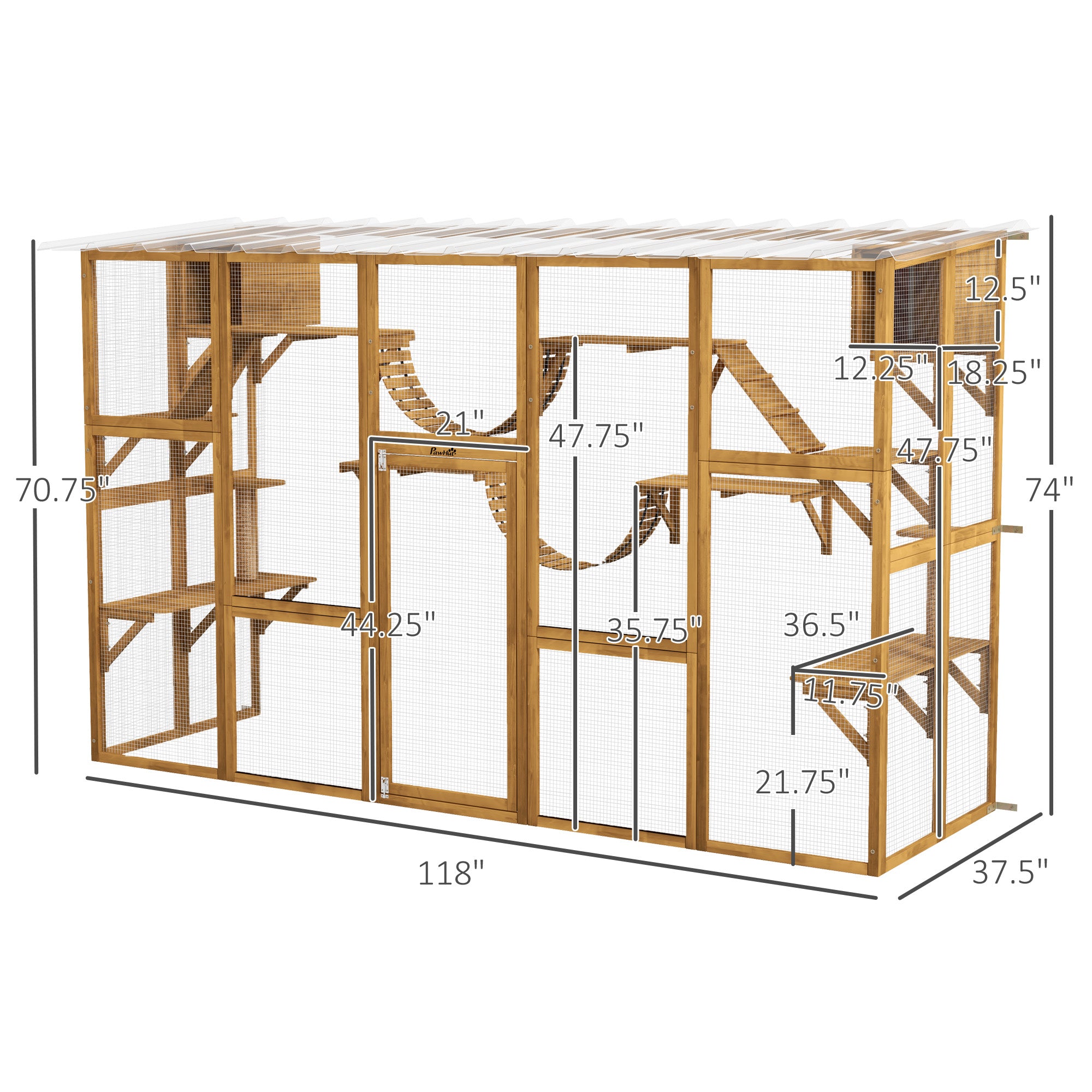 PawHut Catio Playground Cat Window Box Outside Enclosure, Outdoor Cat House with Weather Protection Roof for Multiple Kitties, Wooden Frame, Shelves & Bridges, 118" x 37.5" x 74", Yellow