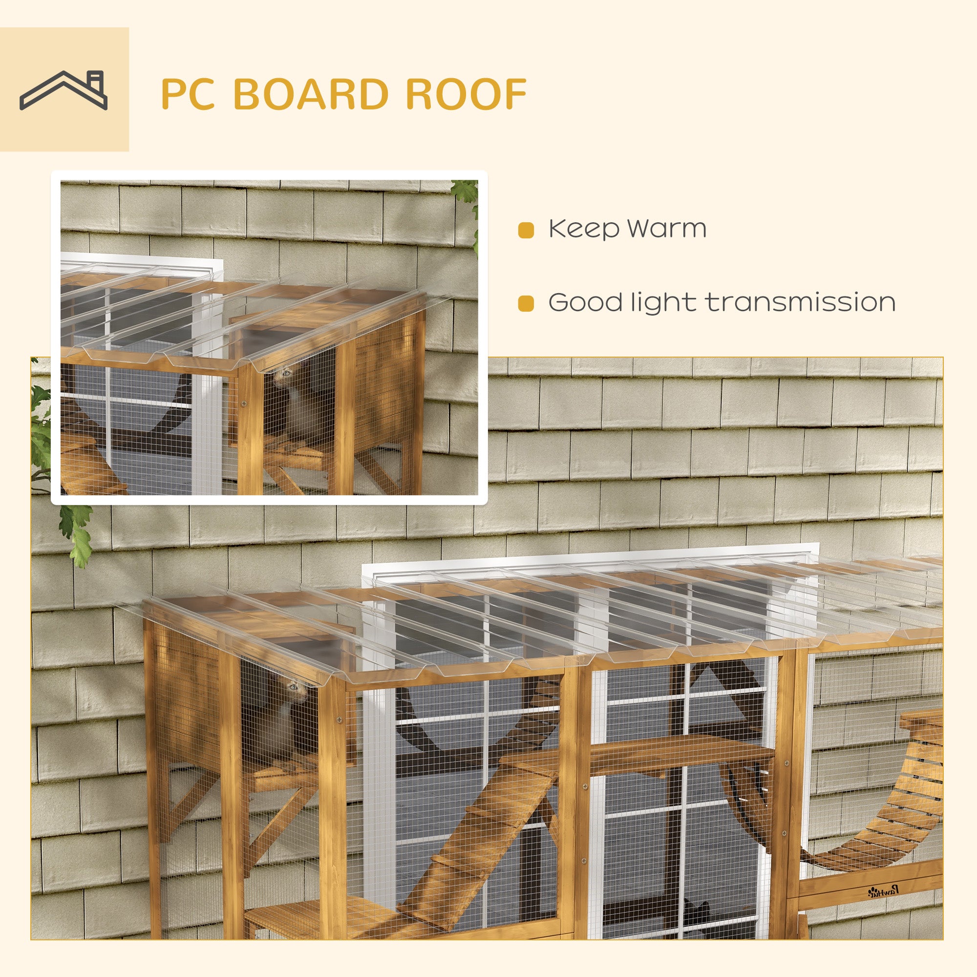PawHut Catio Playground Cat Window Box Outside Enclosure, Outdoor Cat House with Weather Protection Roof for Multiple Kitties, Wooden Frame, Shelves & Bridges, 118" x 37.5" x 74", Yellow