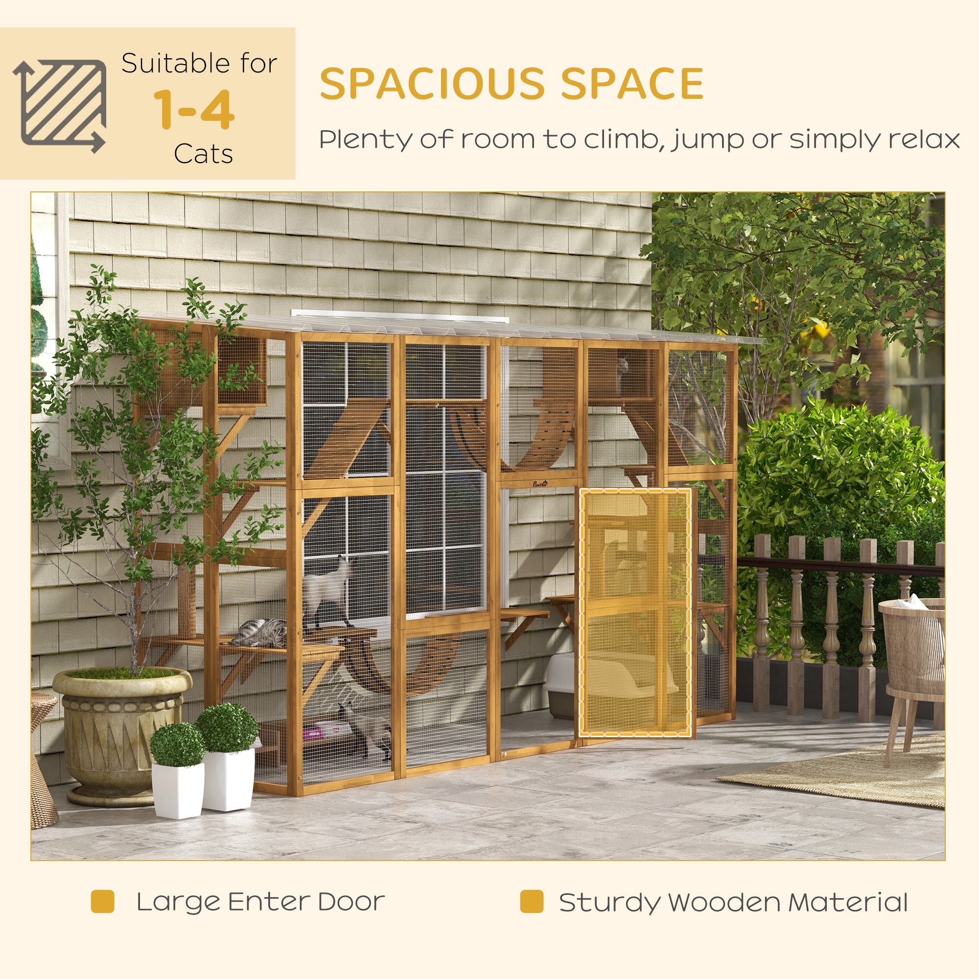 PawHut Catio Playground Cat Window Box Outside Enclosure, Outdoor Cat House with Weather Protection Roof for Multiple Kitties, Wooden Frame, Shelves & Bridges, 118" x 37.5" x 74", Yellow