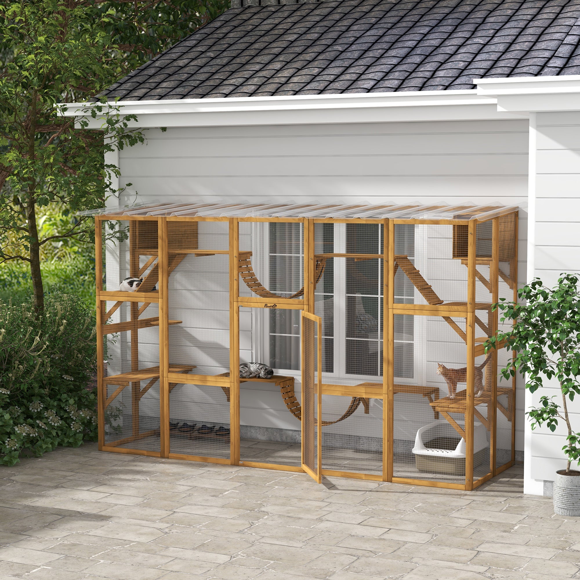 PawHut Catio Playground Cat Window Box Outside Enclosure, Outdoor Cat House with Weather Protection Roof for Multiple Kitties, Wooden Frame, Shelves & Bridges, 118" x 37.5" x 74", Yellow