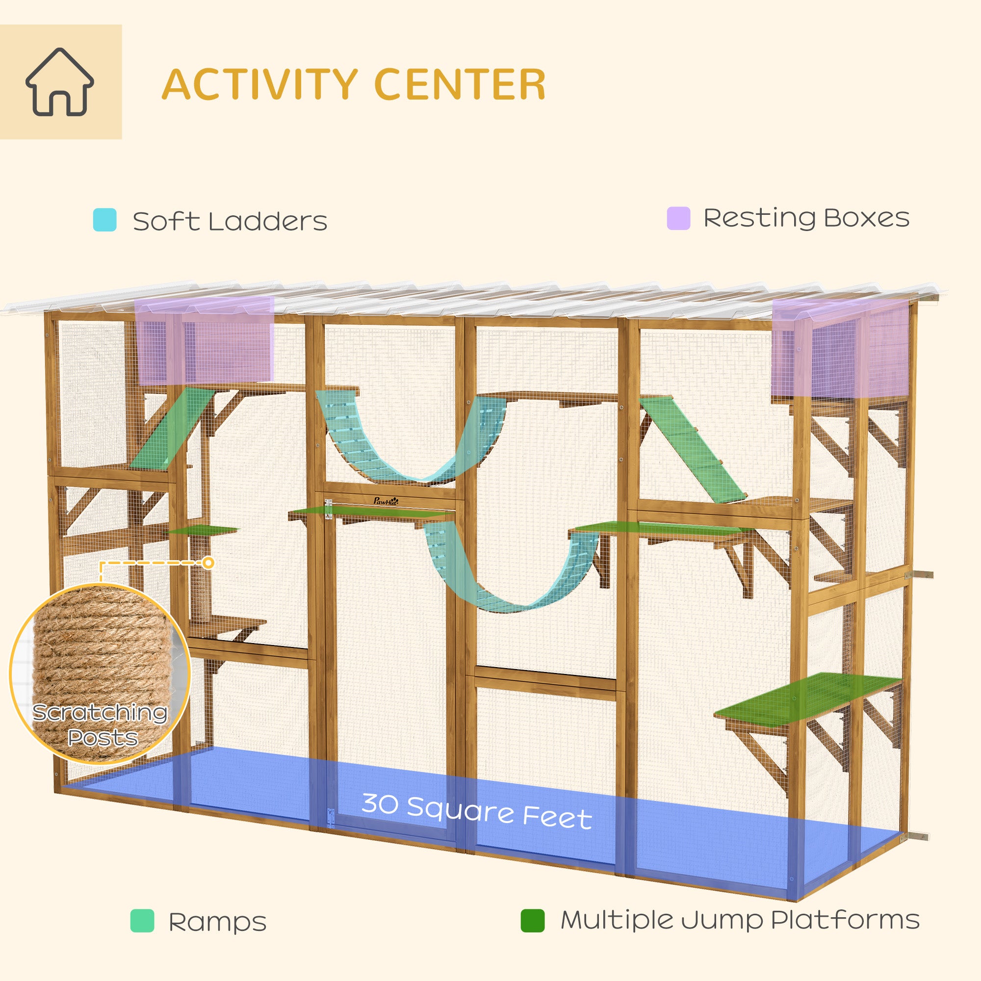 PawHut Catio Playground Cat Window Box Outside Enclosure, Outdoor Cat House with Weather Protection Roof for Multiple Kitties, Wooden Frame, Shelves & Bridges, 118" x 37.5" x 74", Yellow