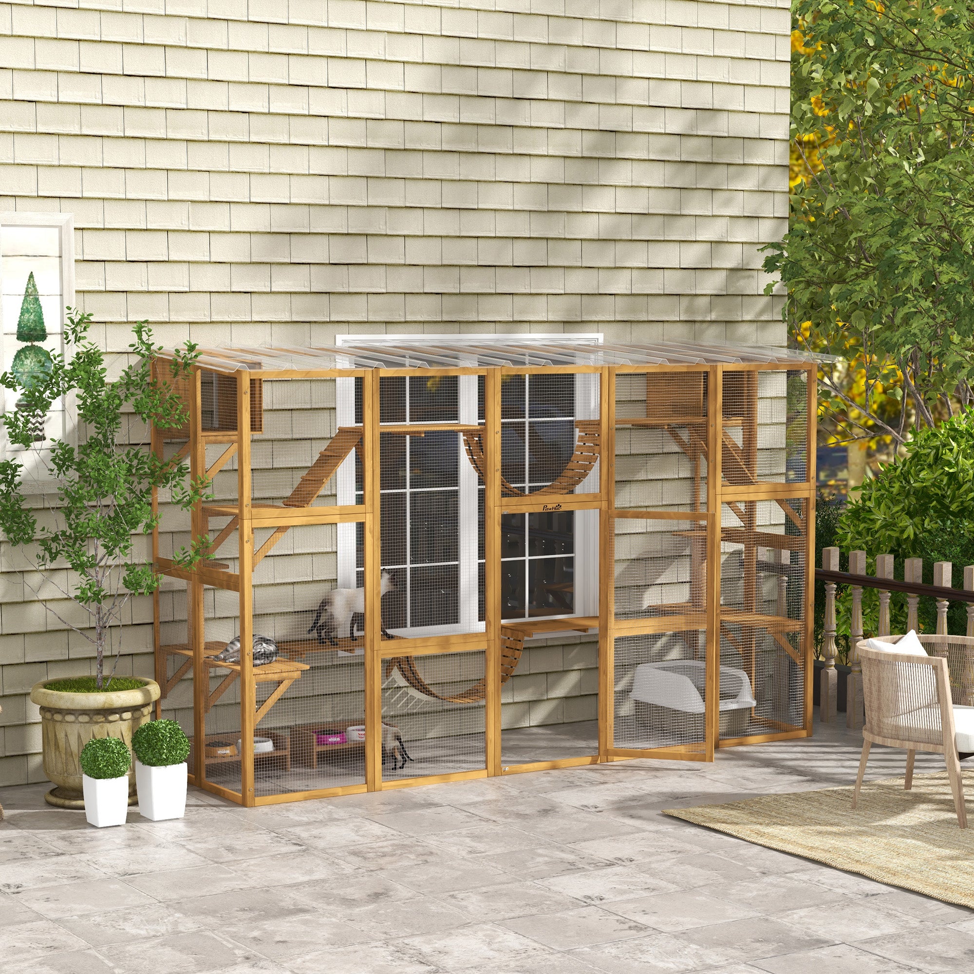 PawHut Catio Playground Cat Window Box Outside Enclosure, Outdoor Cat House with Weather Protection Roof for Multiple Kitties, Wooden Frame, Shelves & Bridges, 118" x 37.5" x 74", Yellow