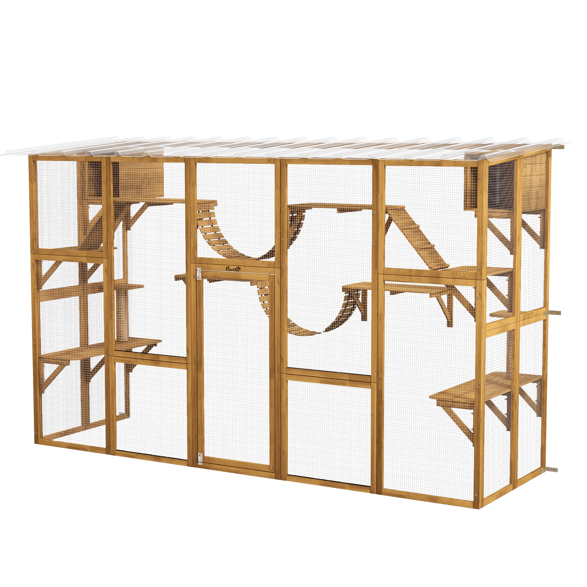 PawHut Catio Playground Cat Window Box Outside Enclosure, Outdoor Cat House with Weather Protection Roof for Multiple Kitties, Wooden Frame, Shelves & Bridges, 118" x 37.5" x 74", Yellow