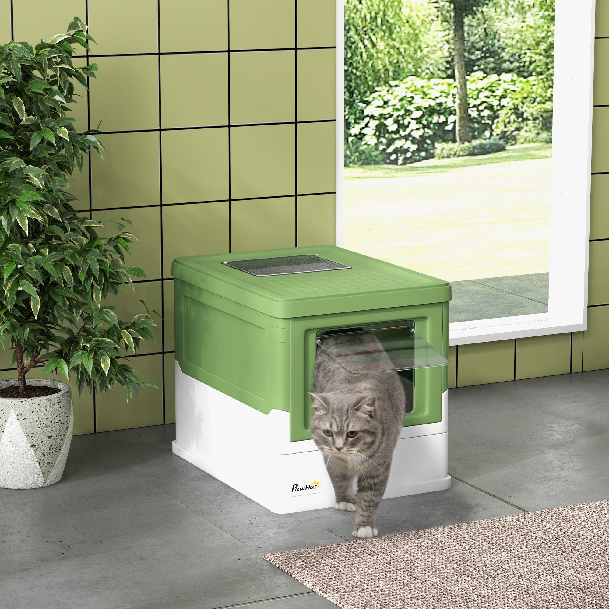 Cat Litter Tray with Hood Enclosed Cat Litter Box Pet Toilet w/ Lid, Scoop, Front Entry, 47.5 x 35.5 x 36.7cm - Light Green