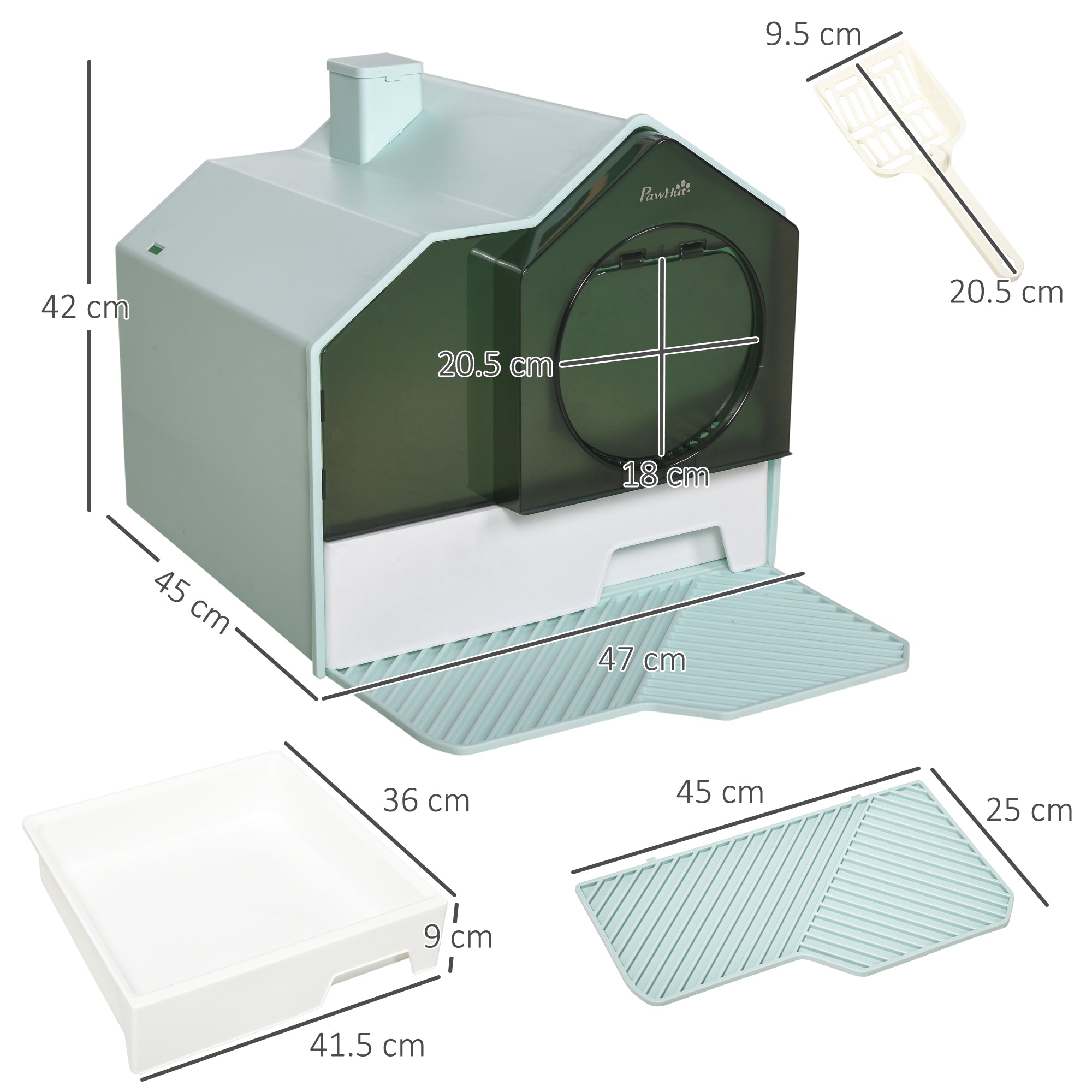 Hooded Cat Litter Tray with Scoop, Cat Litter Box with Drawer Pan, Handle, Deodorants, Hut Design, Front Entrance, 47 x 45 x 42cm - Light Blue