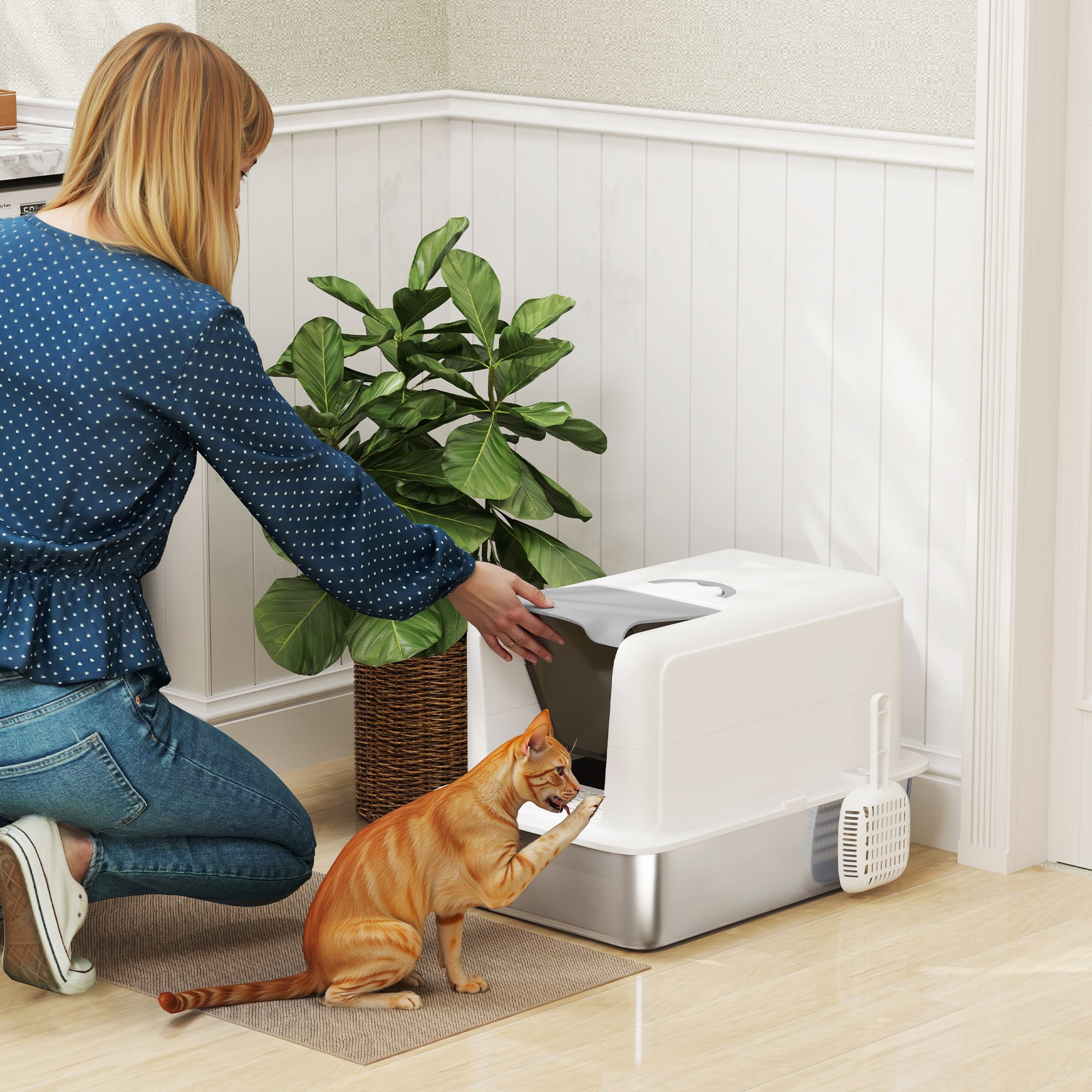 Stainless Steel Cat Litter Box with Removable Lid, Extra Large Litter Box with Scoop, Metal Litter Box for Small to Large Cats, Easy to Clean, White