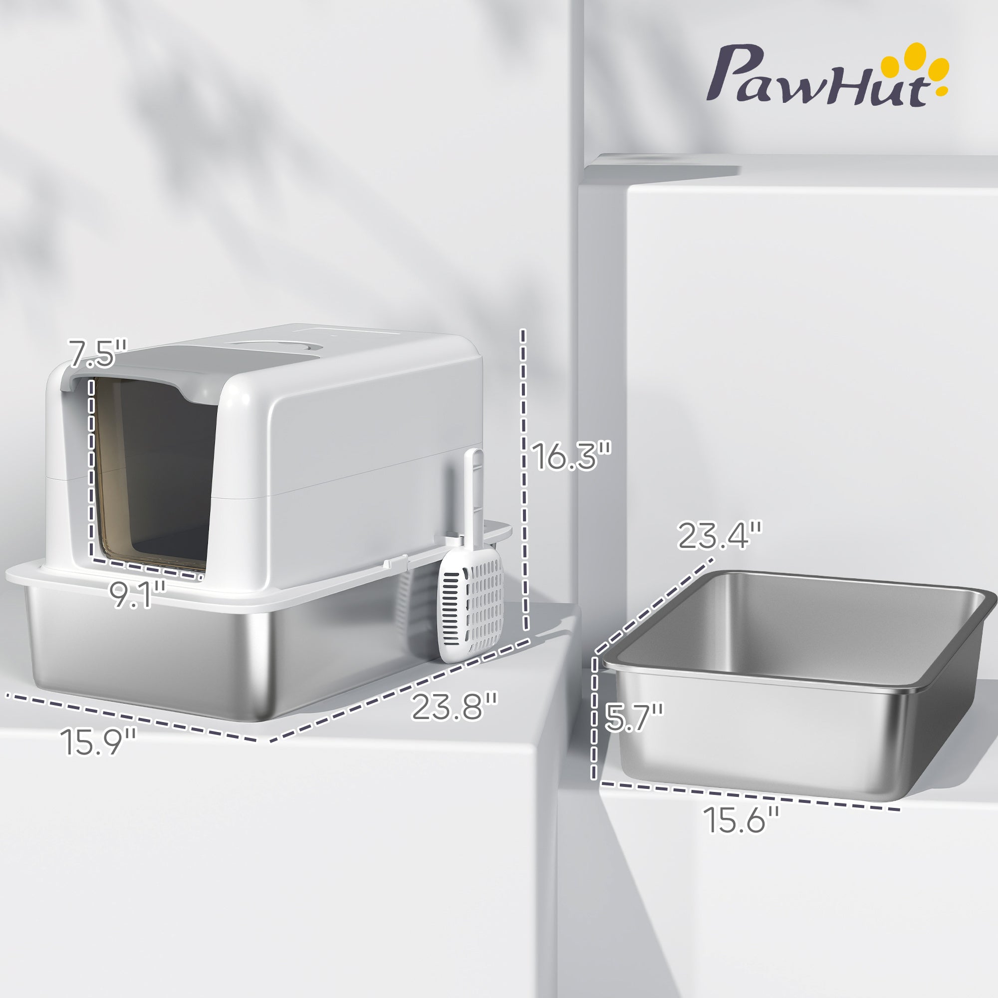 PawHut Stainless Steel Cat Litter Box, Extra Large 2 in 1 Kitty Litter Box with Removable Lid & Scoop, Filter Bags, High Enclosure, Metal Litter Box Pan for Small to Large Cats, Easy to Clean, White