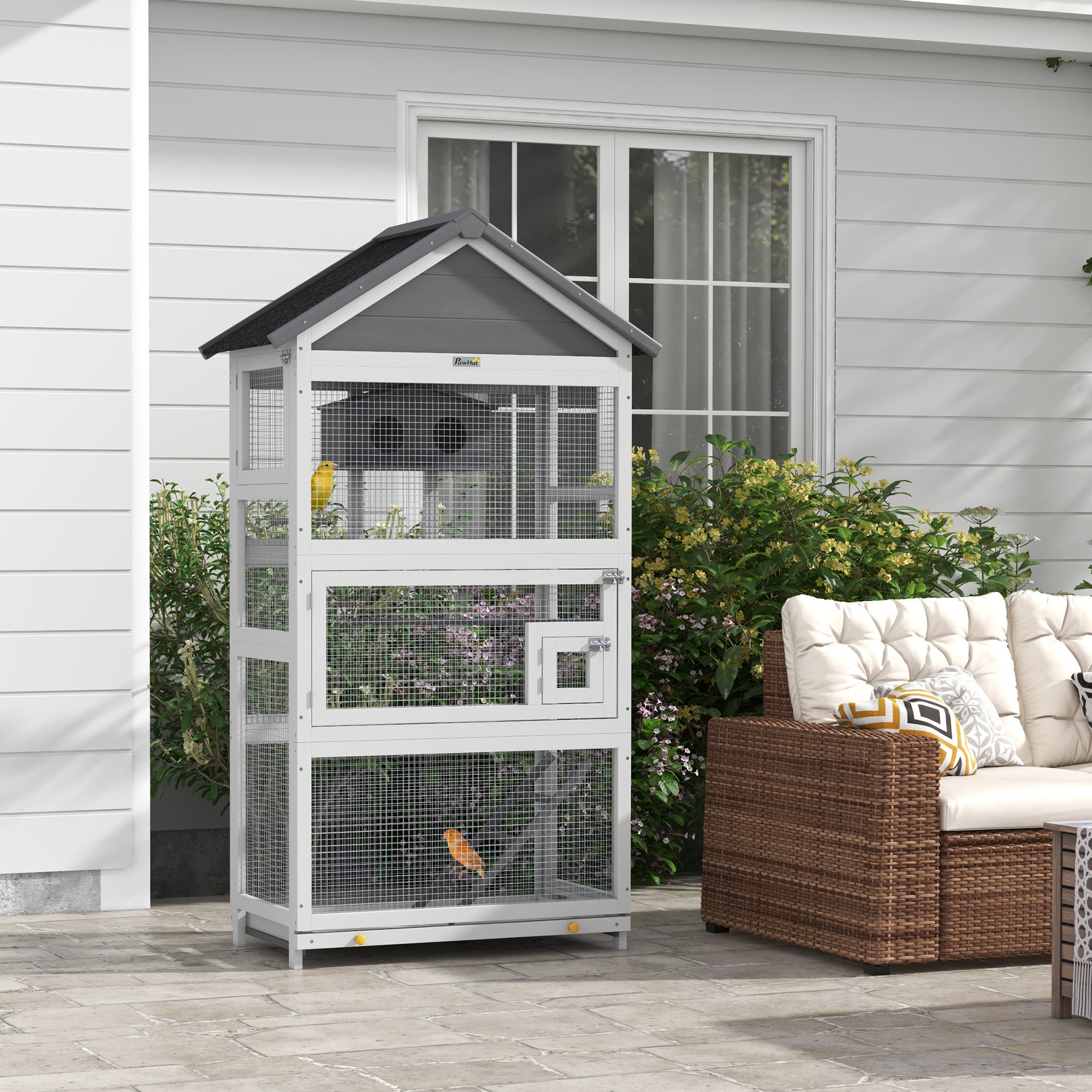 PawHut Wooden Bird Aviary, 67" Outdoor Bird Cage with Slide-Out Tray, Three Doors, Birdhouse, Ladder, Perches for Finches, Parakeets, Gray