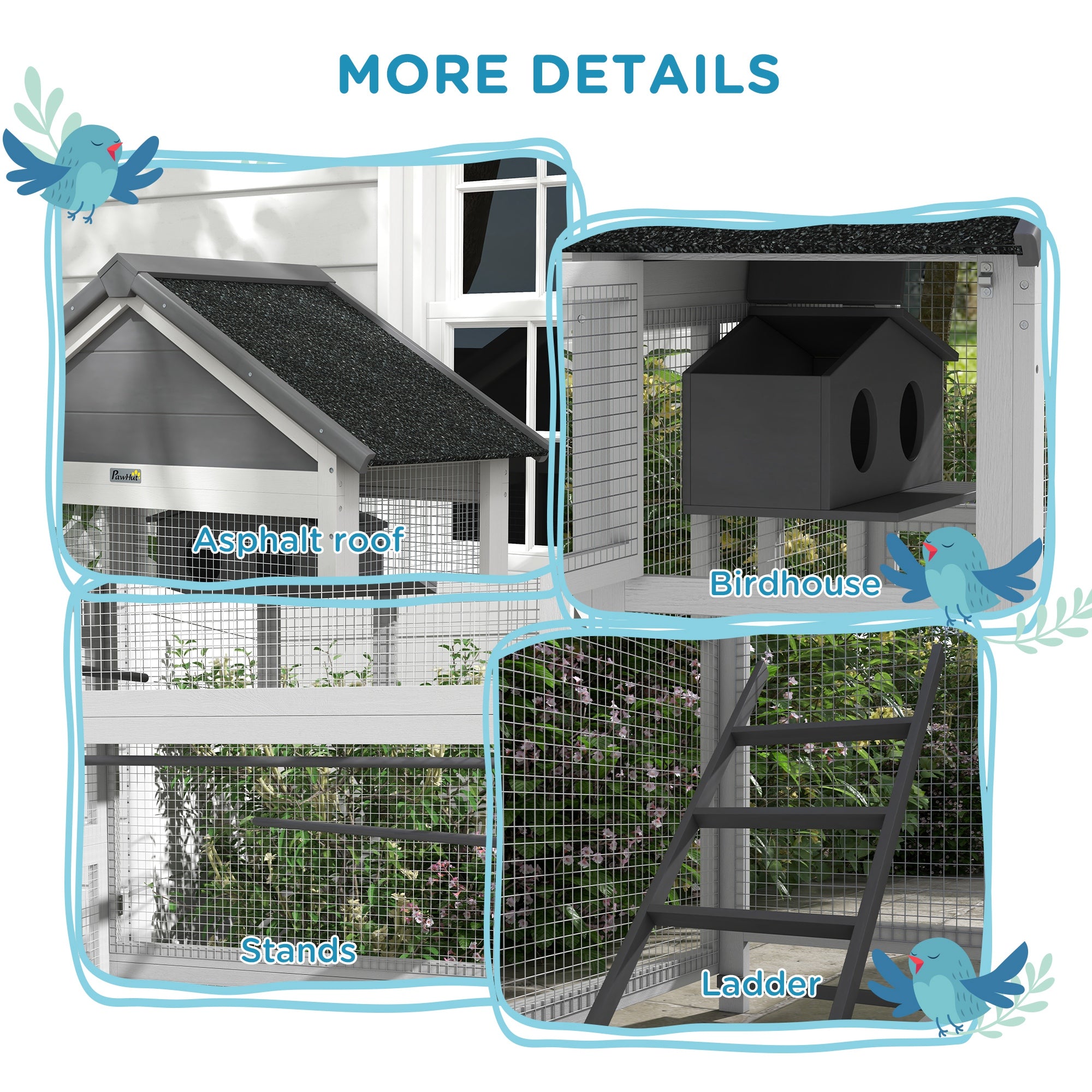 PawHut Wooden Bird Aviary, 67" Outdoor Bird Cage with Slide-Out Tray, Three Doors, Birdhouse, Ladder, Perches for Finches, Parakeets, Gray