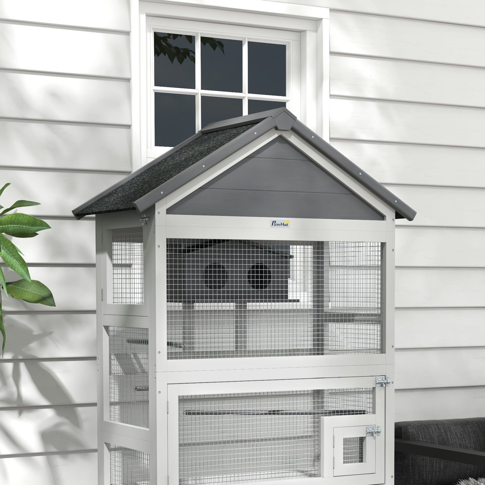 PawHut Wooden Bird Aviary, 67" Outdoor Bird Cage with Slide-Out Tray, Three Doors, Birdhouse, Ladder, Perches for Finches, Parakeets, Gray